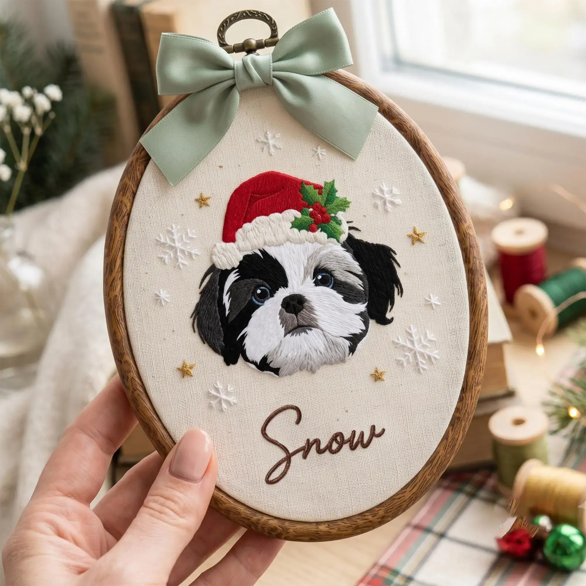 Personalized Pet Photo Embroidery Hoop Ornament, Dog Christmas Ornament, Dog First Christmas Keepsake Gift, Custom Pet Memorial Ornament