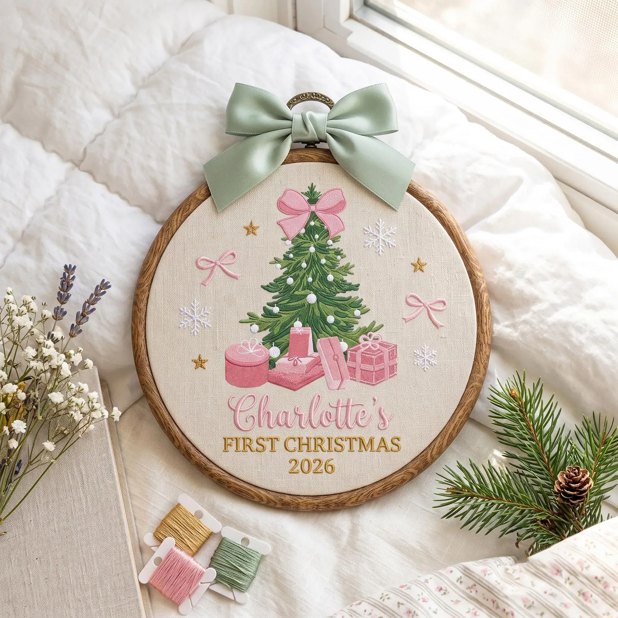 Personalized First Christmas Embroidery Hoop Ornament, Custom Name Christmas Tree Keepsake, Pink Bow Holiday Decor, Nursery Wall Art Gift