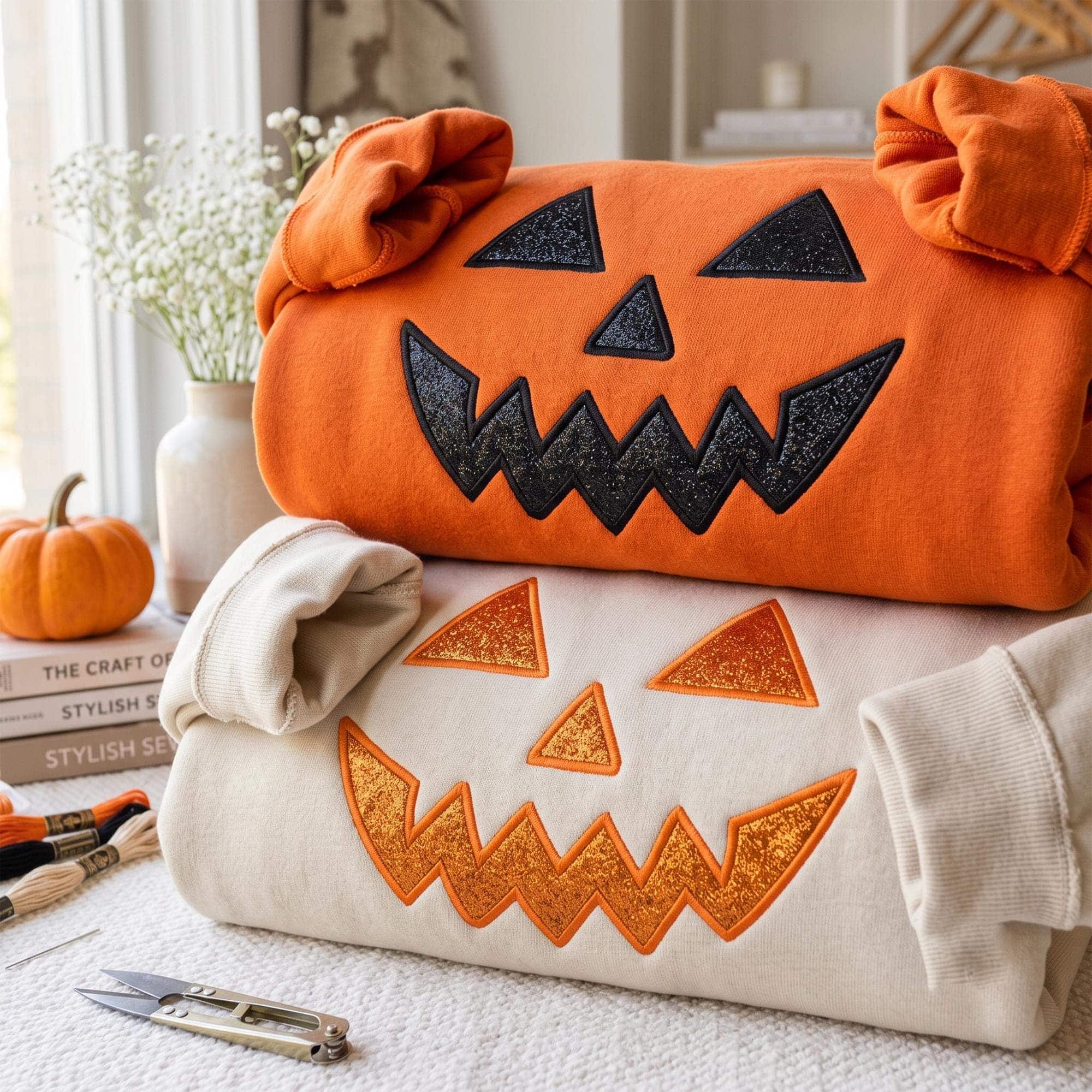 Jack O Lantern Embroidered Sweatshirt, Halloween Applique Pumpkin Face Crewneck, Spooky Season Pullover, Fall Season Gift, Halloween Gift
