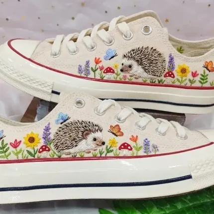 Hedgehog Embroidered Canvas Shoes, Wildflower Low Top Sneakers, Woodland Animal Footwear, Nature Lover Gift - Image 3