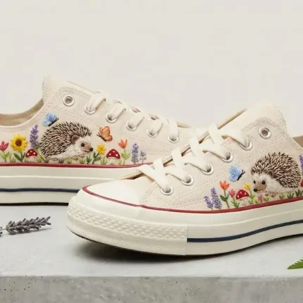 Hedgehog Embroidered Canvas Shoes, Wildflower Low Top Sneakers, Woodland Animal Footwear, Nature Lover Gift - Image 4