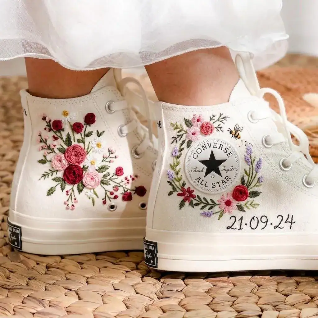 Personalized Wedding Date Embroidered Shoes, Custom Floral Bridal High Top Sneakers, Bride Gift, Wedding Keepsake