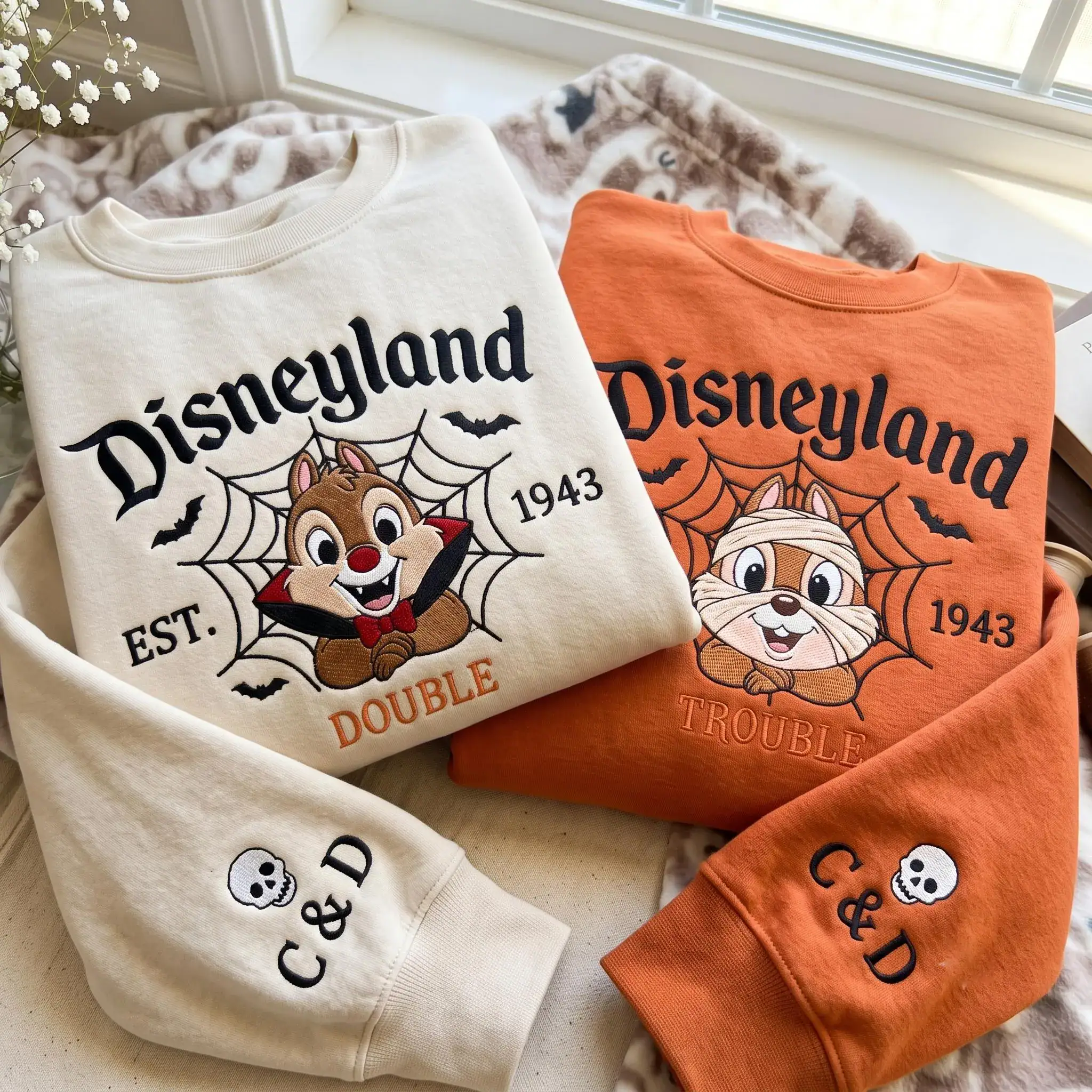 Halloween Woodland Chipmunk Embroidered Sweatshirt, Spooky Magical Land Couple Crewneck, Vampire & Mummy Fall Pullover, Cozy Autumn Gift
