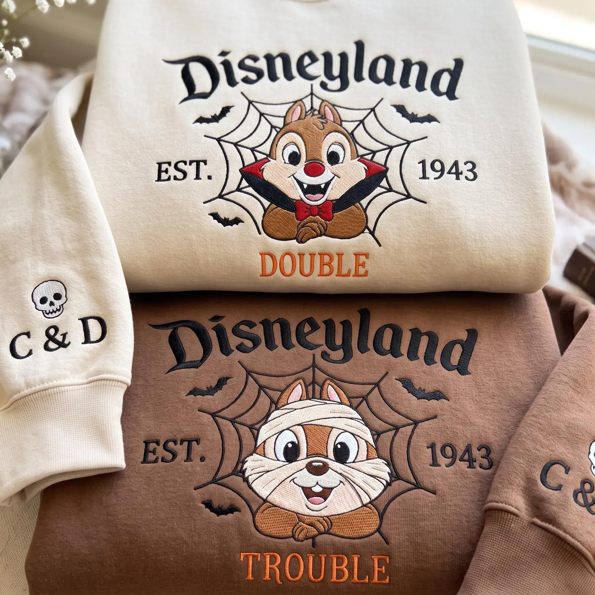 Halloween Woodland Chipmunk Embroidered Sweatshirt, Spooky Magical Land Couple Crewneck, Vampire & Mummy Fall Pullover, Cozy Autumn Gift - Image 3