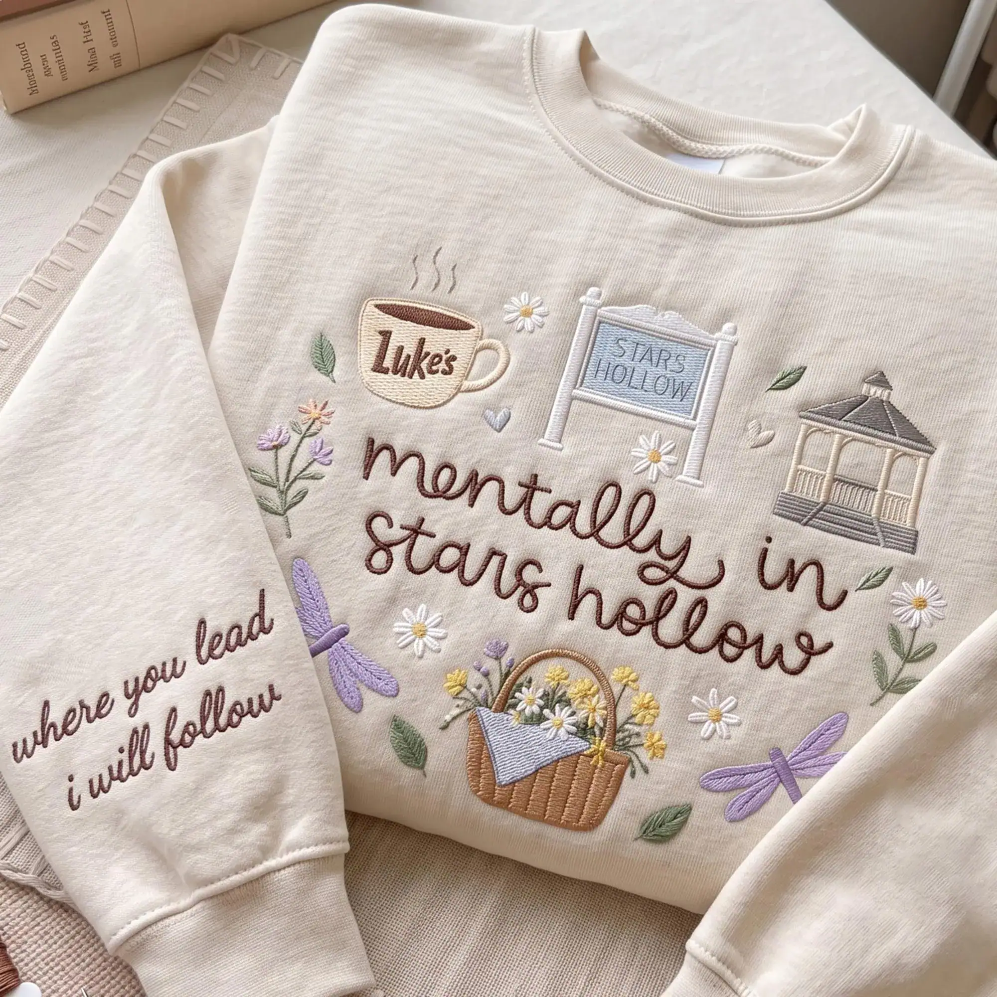 Mentally in My Cozy Small Town Embroidered Sweatshirt, Autumn Village Cottagecore Crewneck, Coffee Lover Fall Tee, Floral Inspired Gift