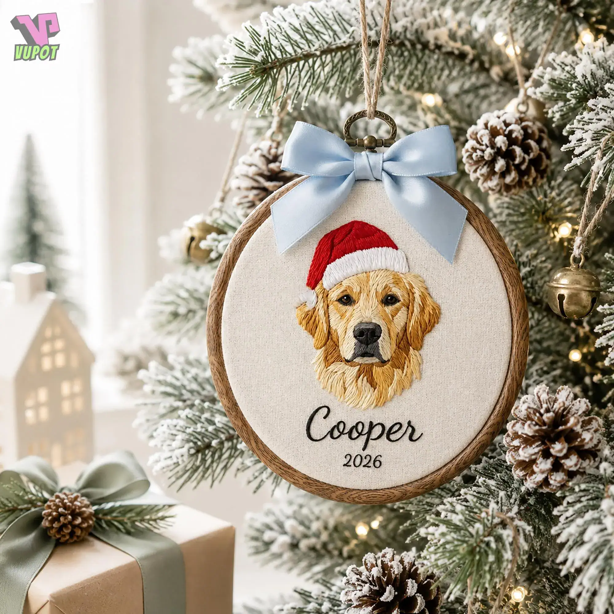 Embroidered Custom Pet Portrait Ornament, Personalized Dog Hoop From Photo, Unique Pet Keepsake With Name, Dog Memorial Gift, Christmas Gift