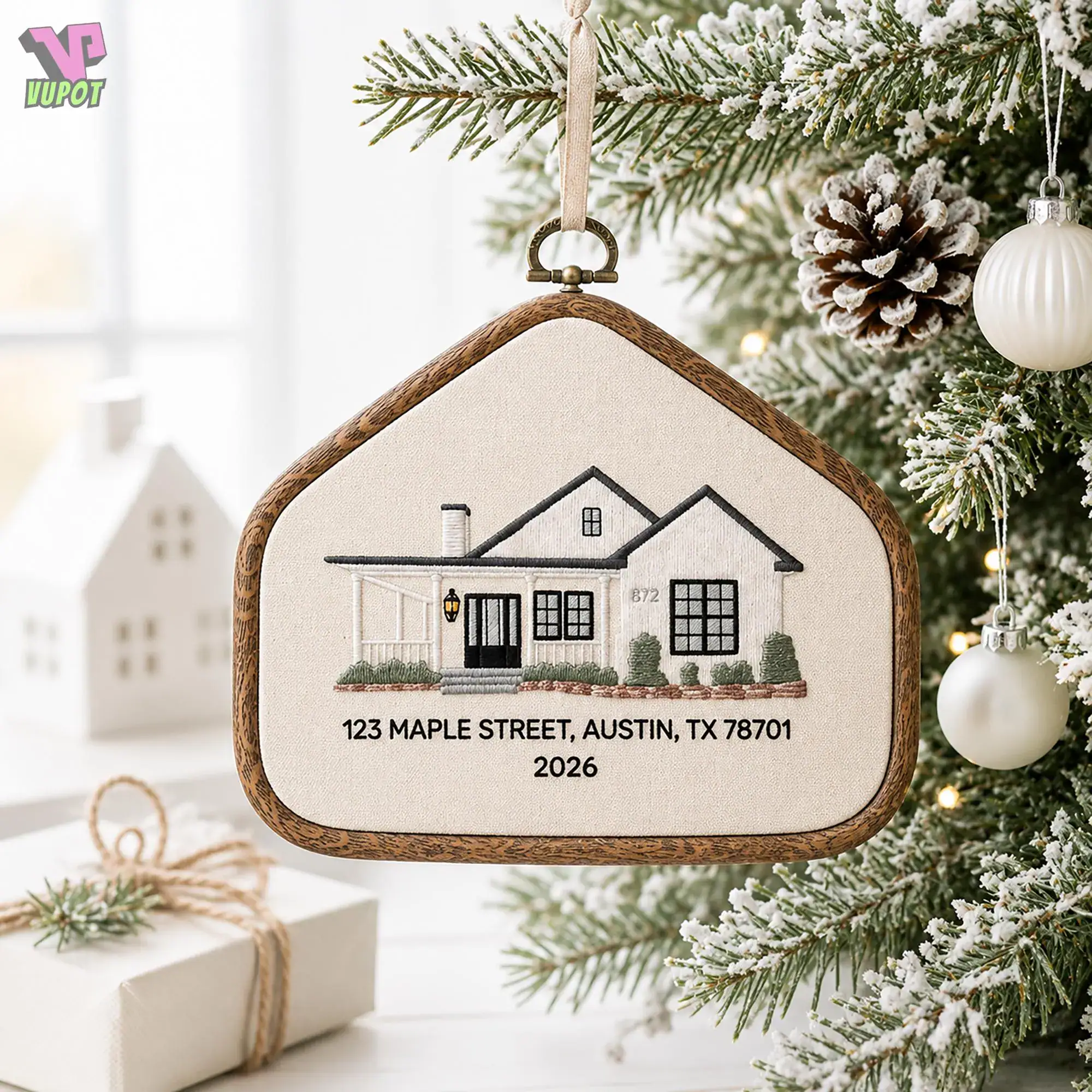 Embroidered Custom New Home Hoop, Personalized House Portrait Wall Art, Cottage Floral Decor, Housewarming Gift, Christmas Keepsake