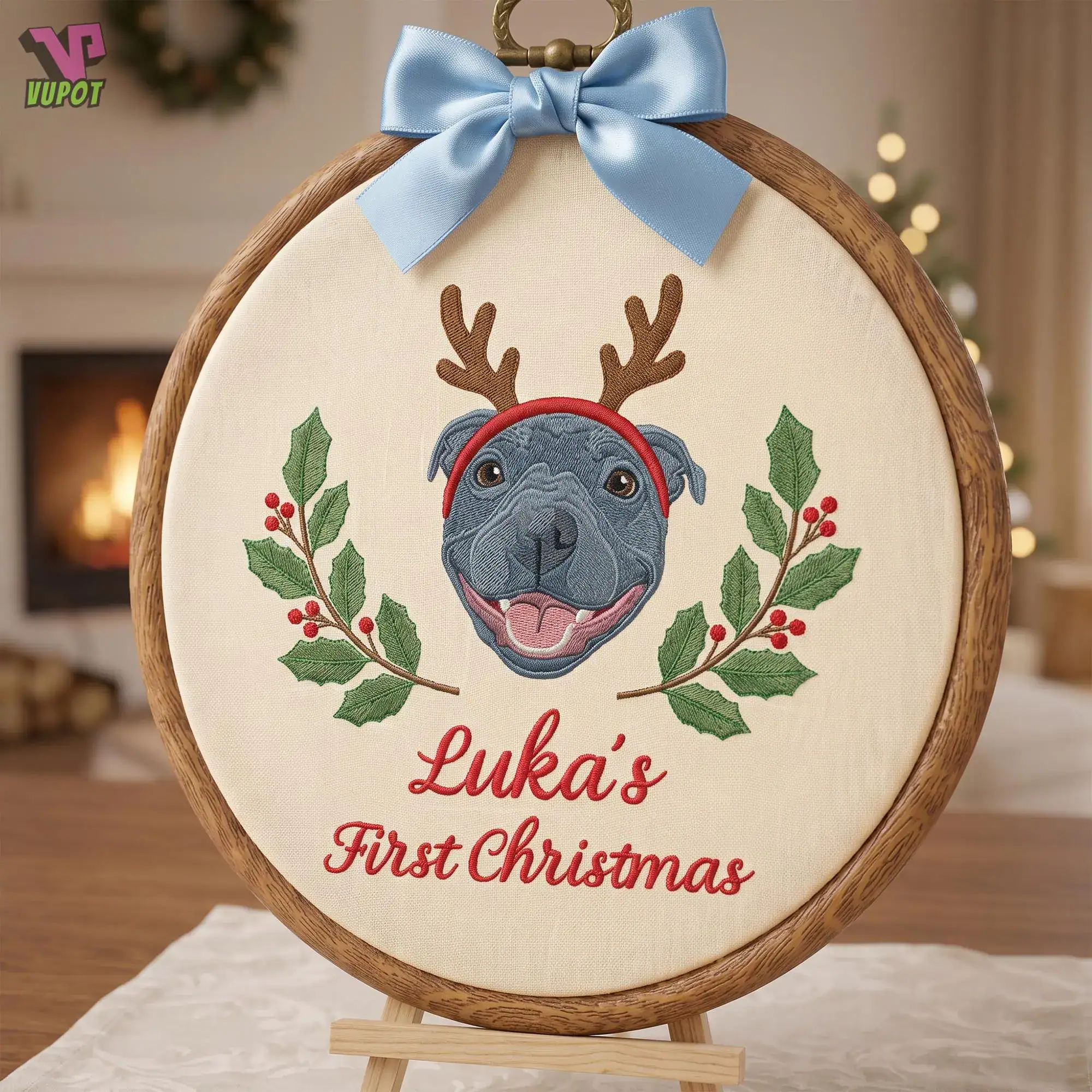 Custom Pet Portrait Embroidered Christmas Hoop, Personalized Dog First Christmas Ornament, Reindeer Pet Keepsake, Holiday Gift for Dog Lover