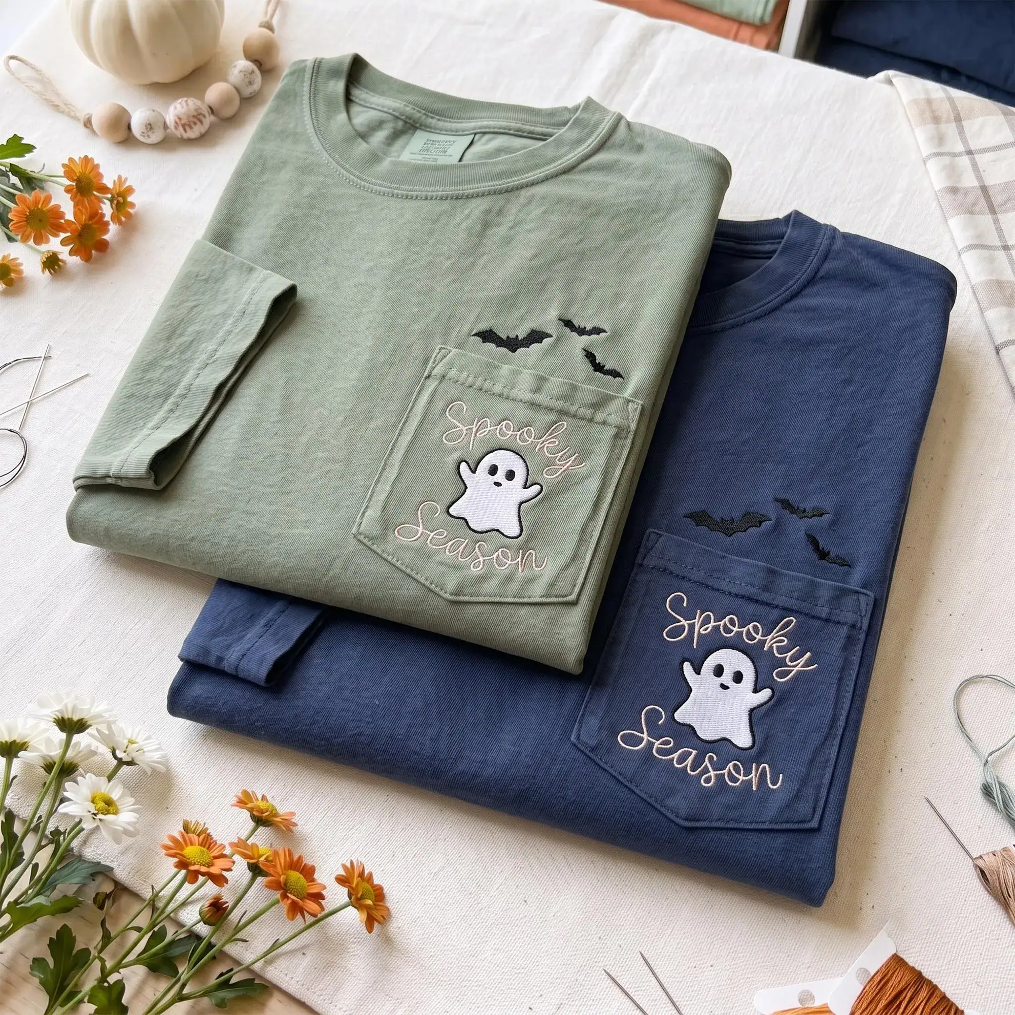 Embroidered Spooky Season Comfort Colors Pocket Shirt,Ghost Pocket Tee, Cute Halloween Shirt, Fall T Shirt, Autumn Tee, Ghost Lover Gift