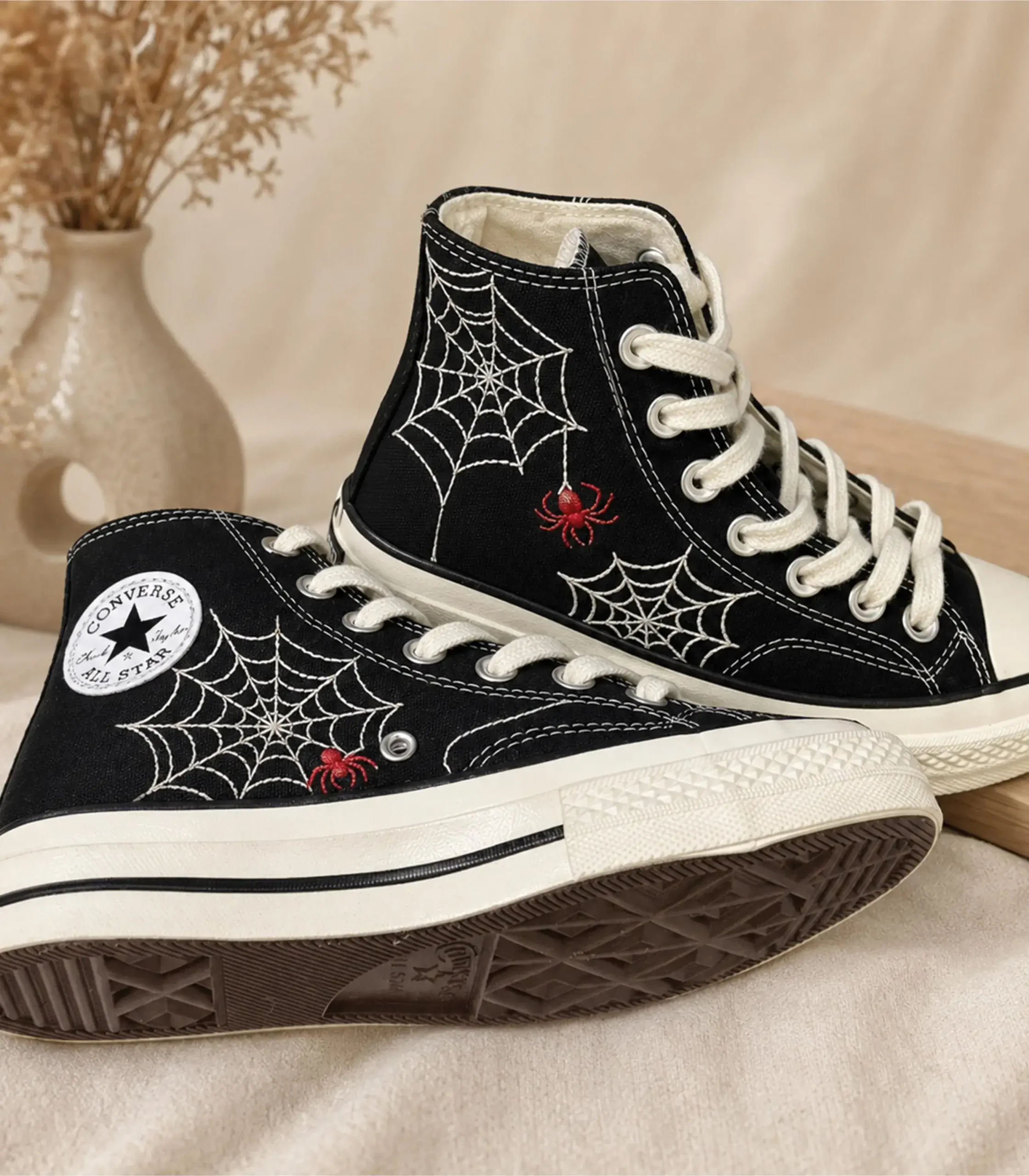 Spider Web Embroidered Sneakers, Black High Top Halloween Shoes, Gothic Witchy Footwear, Handmade Red Spider Shoes, Spooky Gift for Women