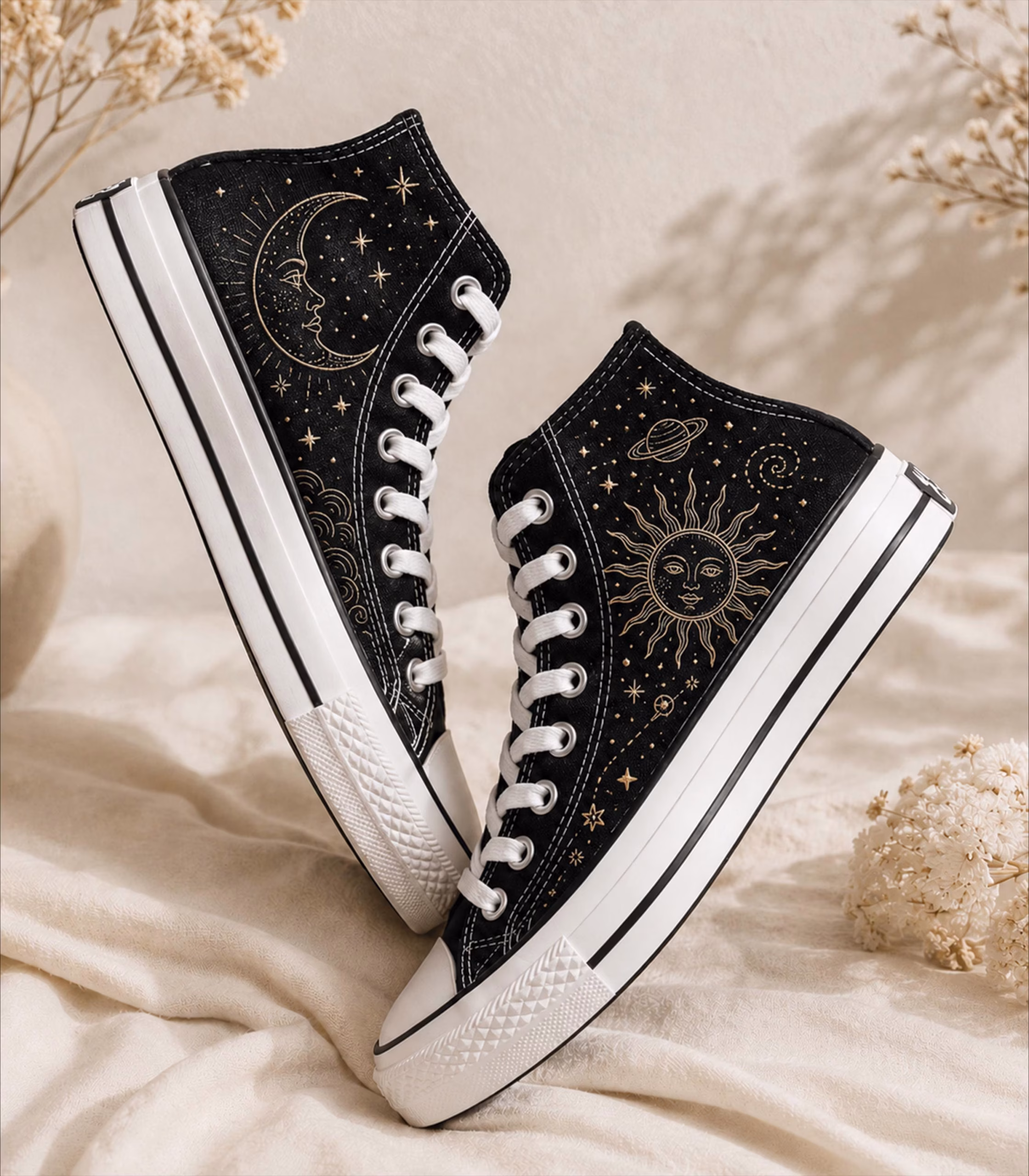 Celestial Embroidered Sneakers, Black High Top Sun and Moon Shoes, Witchy Astrology Footwear, Handmade Cosmic Star Lover Gift for Women