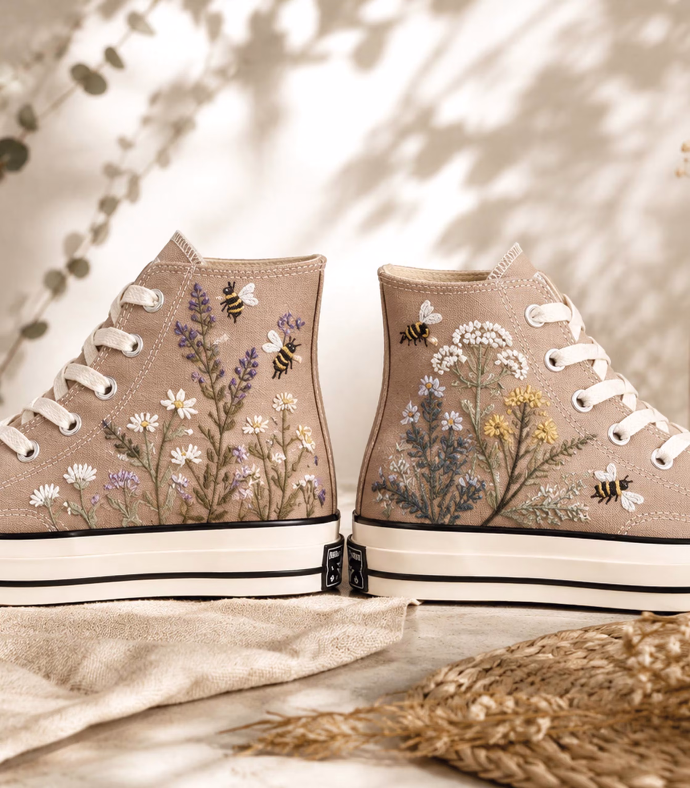 Bee and Wildflower Embroidered Sneakers, Beige High Top Floral Shoes, Cottagecore Garden Footwear, Handmade Nature Lover Gift for Women