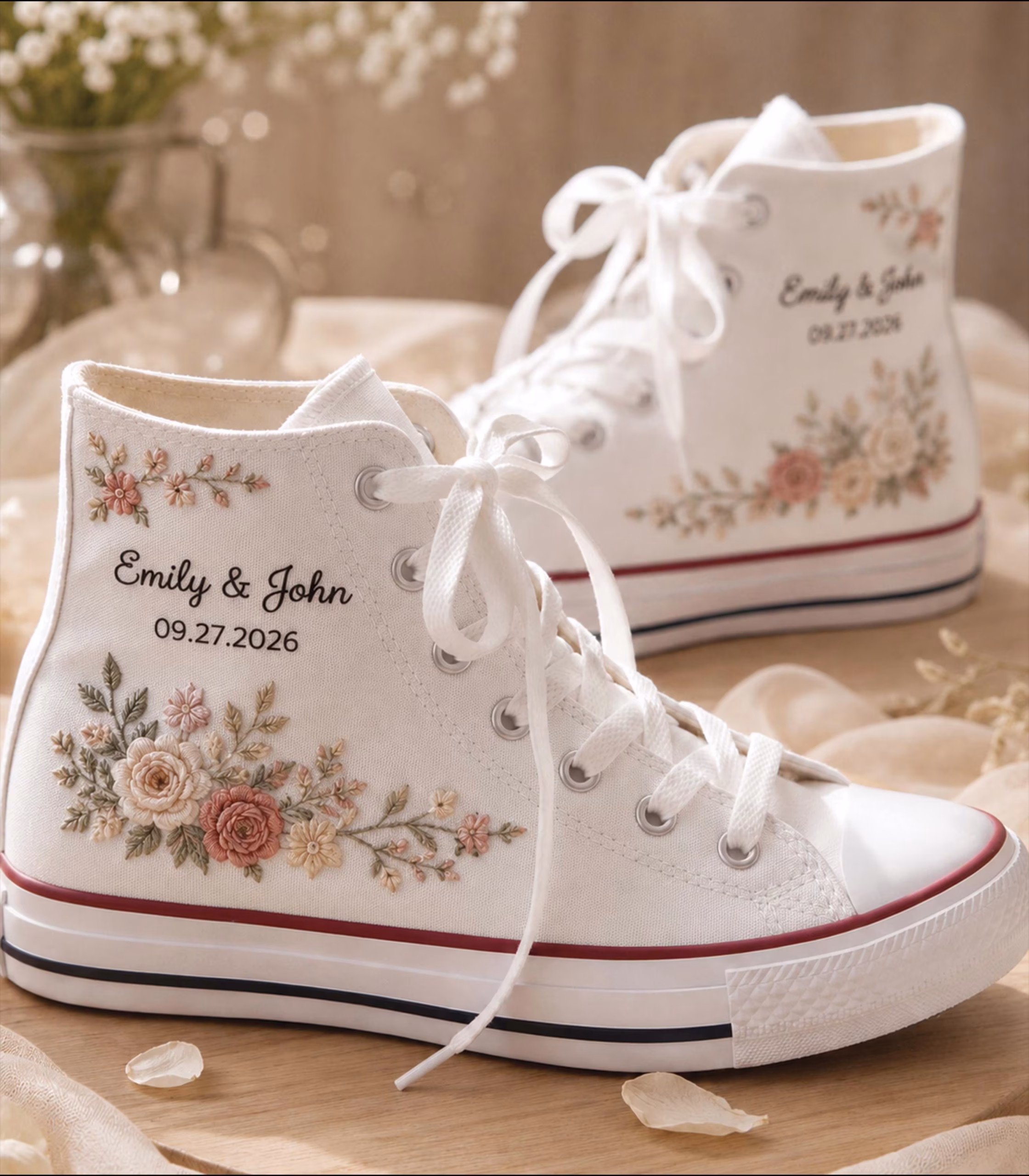Personalized Wedding Embroidered Sneakers, Custom Bride High Top Shoes with Floral Names and Date, Bridal Shower Gift, Wedding Footwear