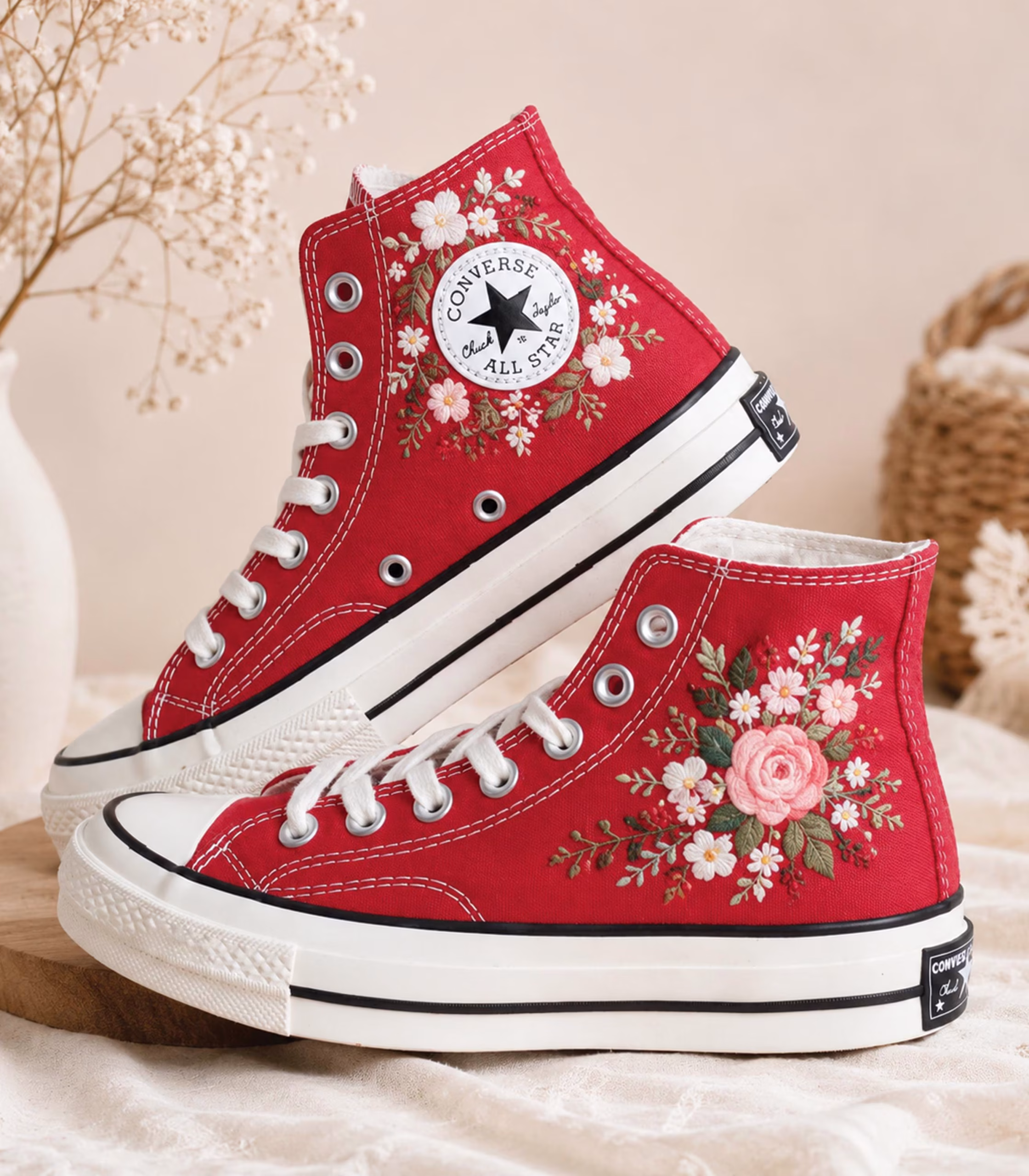 Rose Floral Wedding Embroidered Sneakers, Bridal High Top Shoes, Romantic Floral Bride Footwear, Wedding Day Gift for Bride and Bridesmaid Rose Floral Wedding Embroidered Sneakers, Bridal High Top Shoes, Romantic Floral Bride Footwear, Wedding Day Gift for Bride and Bridesmaid - Image 1