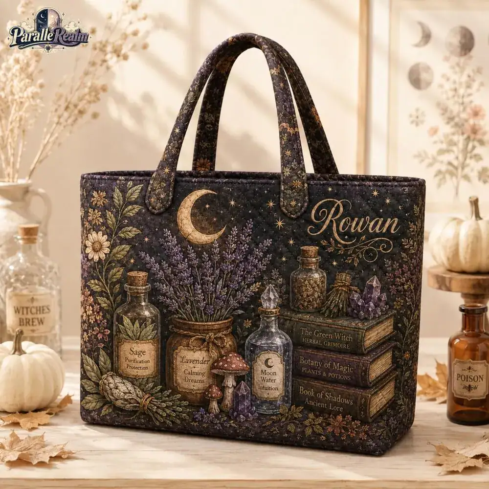 Halloween Witch Quilted Tote Bag, Custom Name Herbal Magic Book Tote Bag, Lavender Crystal Botanical Witchy Tote Bag