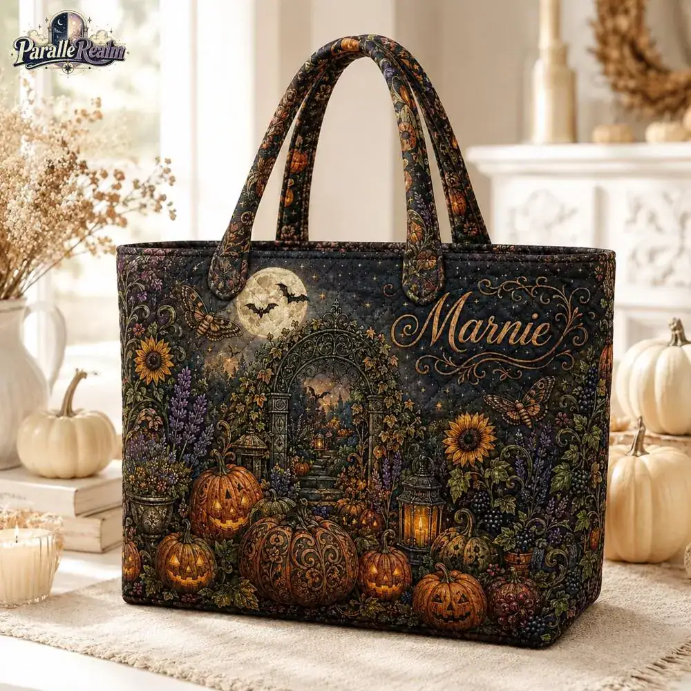 Personalized Gothic Pumpkin Quilted Tote Bag, Custom Halloween Garden Tote Bag, Jack O Lantern Witchy Floral Tote Bag