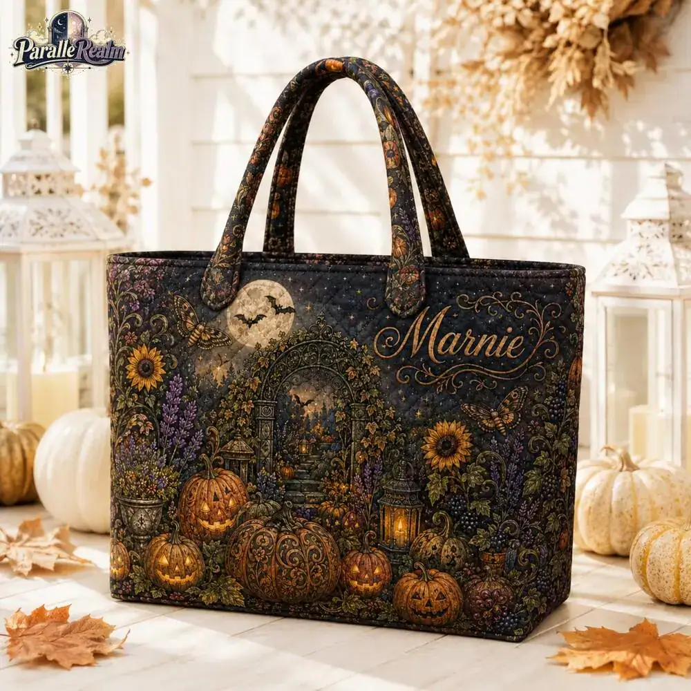 Personalized Gothic Pumpkin Quilted Tote Bag, Custom Halloween Garden Tote Bag, Jack O Lantern Witchy Floral Tote Bag - Image 2