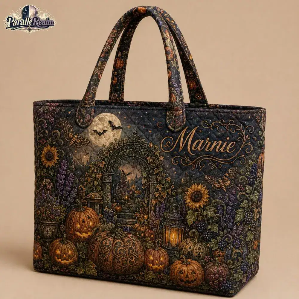 Personalized Gothic Pumpkin Quilted Tote Bag, Custom Halloween Garden Tote Bag, Jack O Lantern Witchy Floral Tote Bag - Image 3