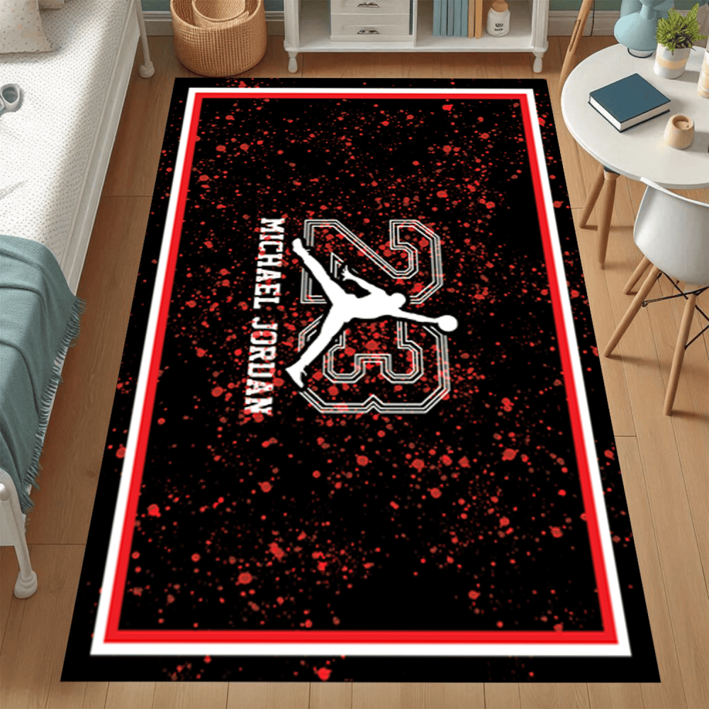 Michael Jordan 23 Red Black Splatter Rectangle Rug, NBA Legend Sports Fan Floor Mat Modern Decorative Area Rug Non-Slip Home Accent