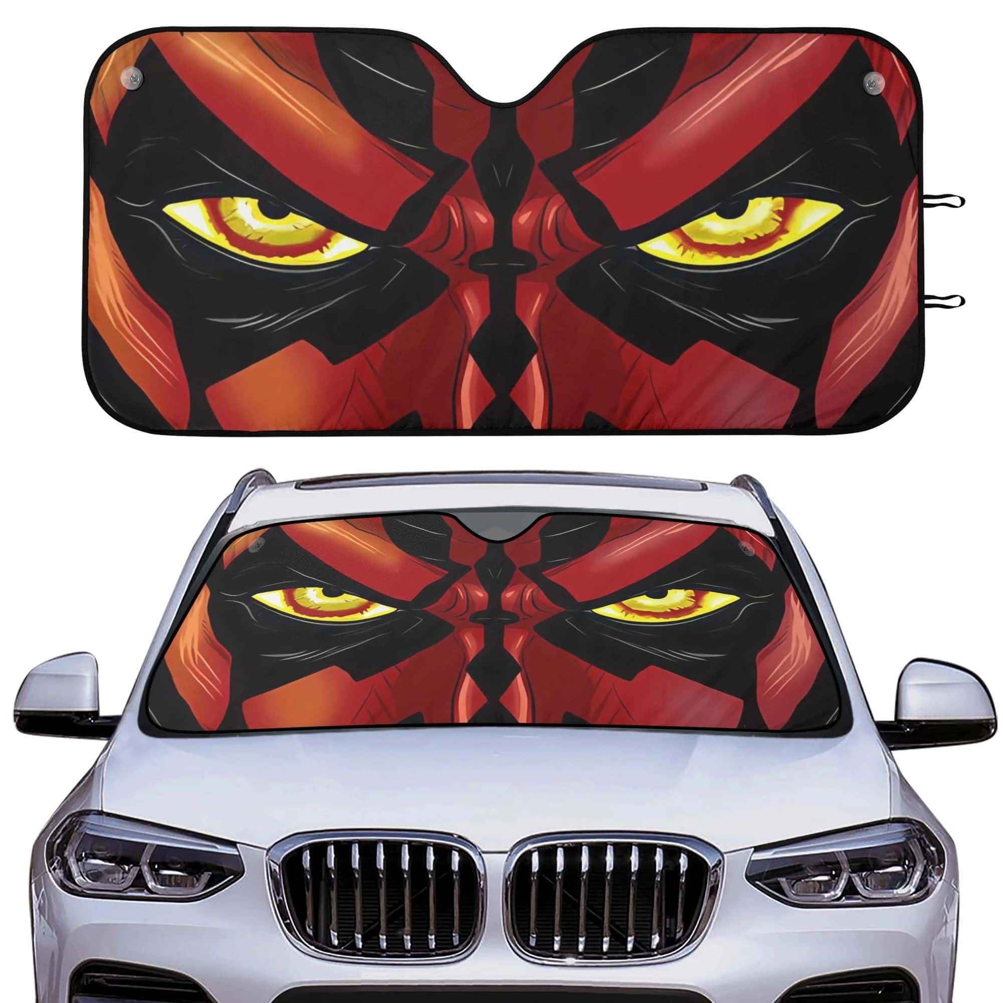 Angry Red Demon Face with Glowing Yellow Eyes Dark Horror Style Car Windshield Sunshade Foldable UV Protection Front Window Cover Gift for Fans