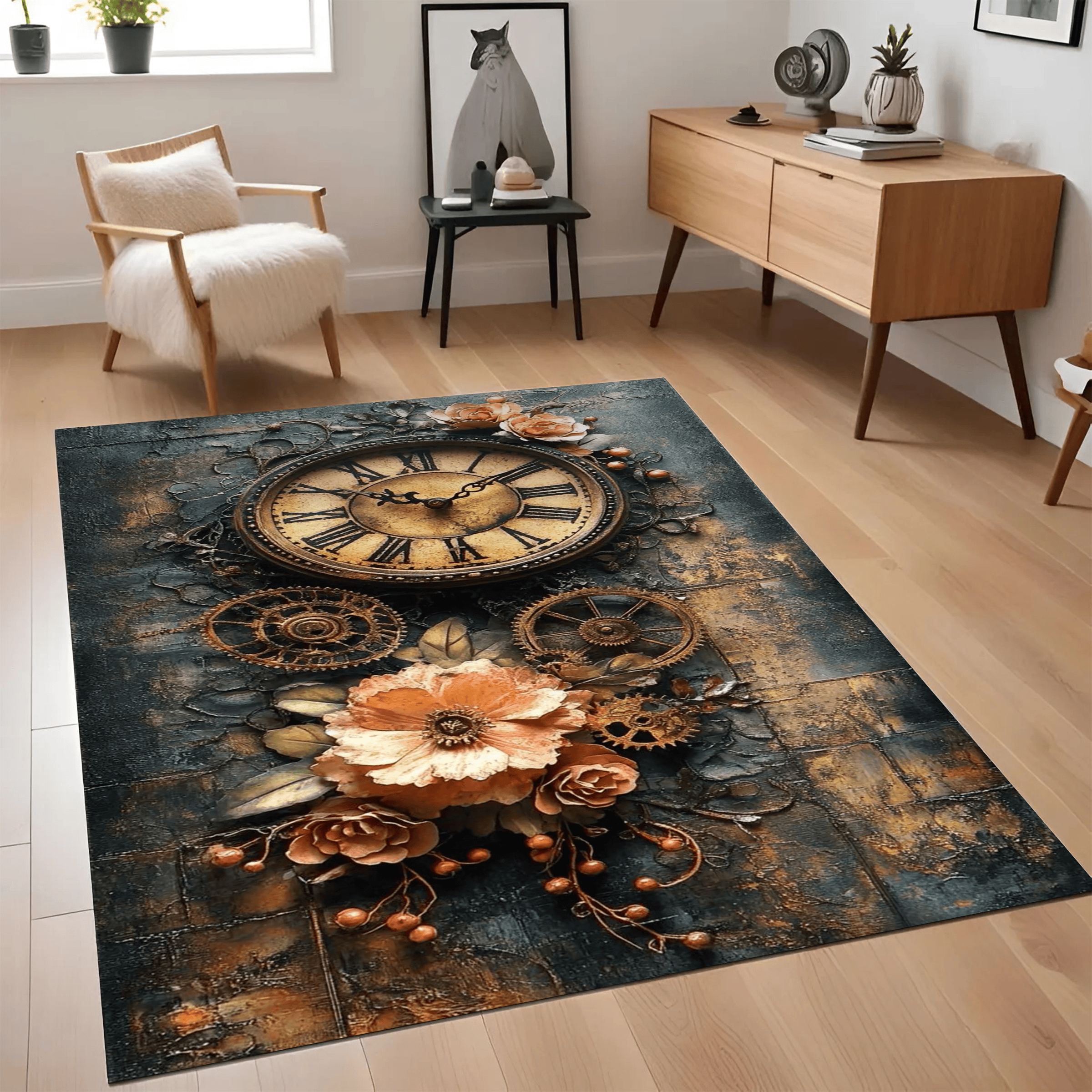 Vintage Steampunk Clock Area Rug Floral Living Room Carpet Rustic Industrial Sofa Floor Mat Antique Home Decor Luxury Area Rug Soft Floor Carpet for Living Room Bedroom
