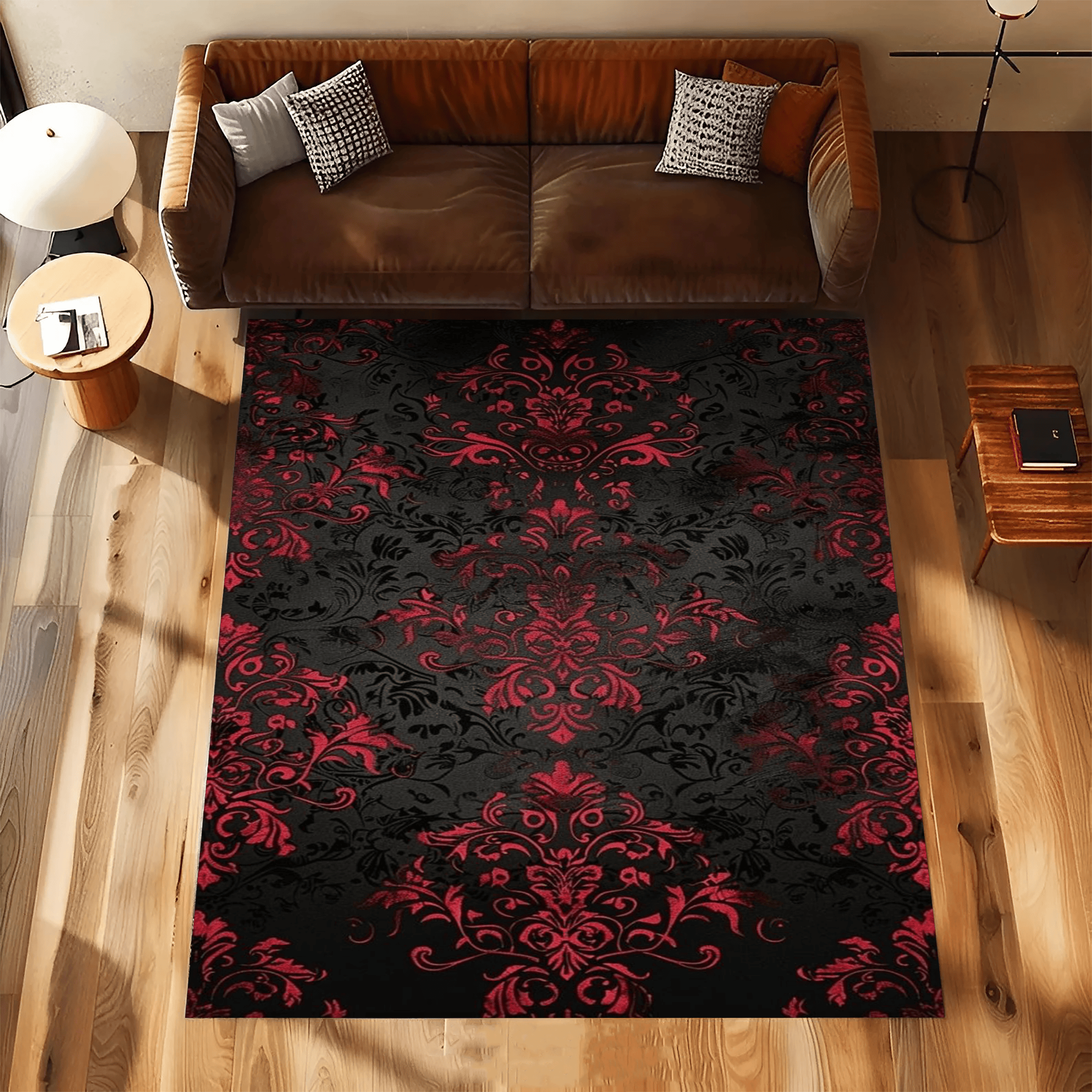 Black Red Damask Area Rug Gothic Floral Living Room Carpet Vintage Victorian Sofa Floor Mat Elegant Home Decor Designer Area Rug Cozy Bedroom Living Room Decor