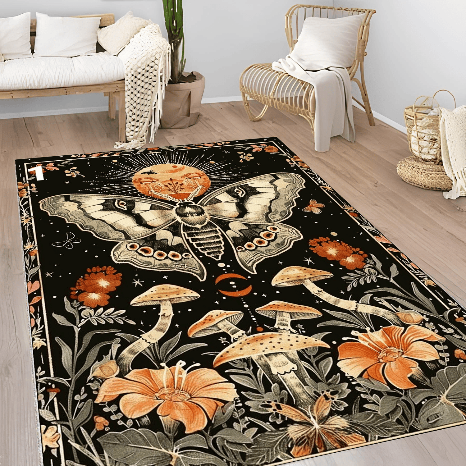 Vintage Lunar Moth Area Rug Botanical Mushroom Floral Living Room Carpet Cottagecore Nature Sofa Floor Mat Home Decor Washable Area Rug Stylish Living Room Floor Carpet