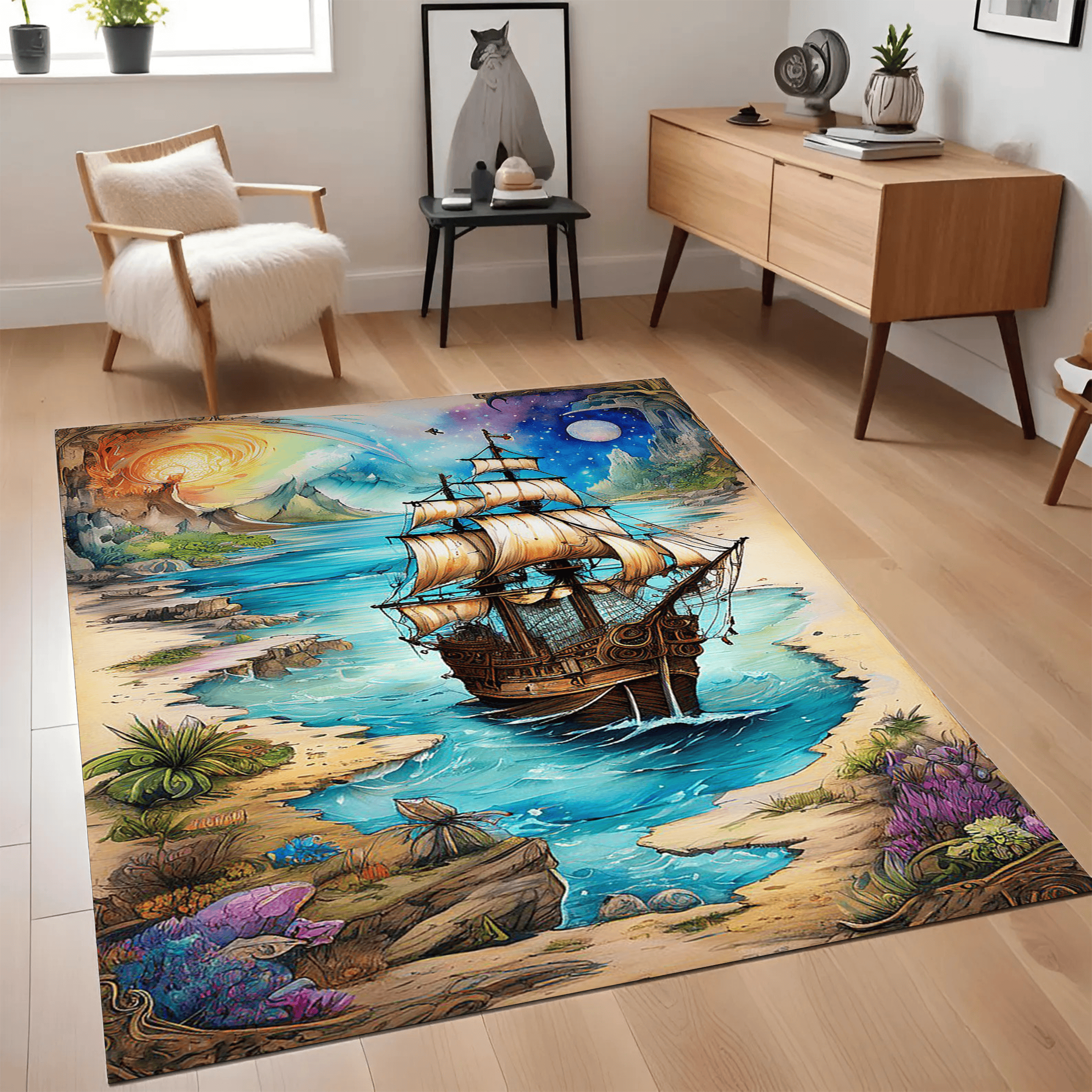Vintage Sailing Ship Area Rug Nautical Ocean Living Room Carpet Coastal Home Decor Sofa Floor Mat Gift Premium Area Rug Non-Slip Living Room Carpet Home Decor Gift