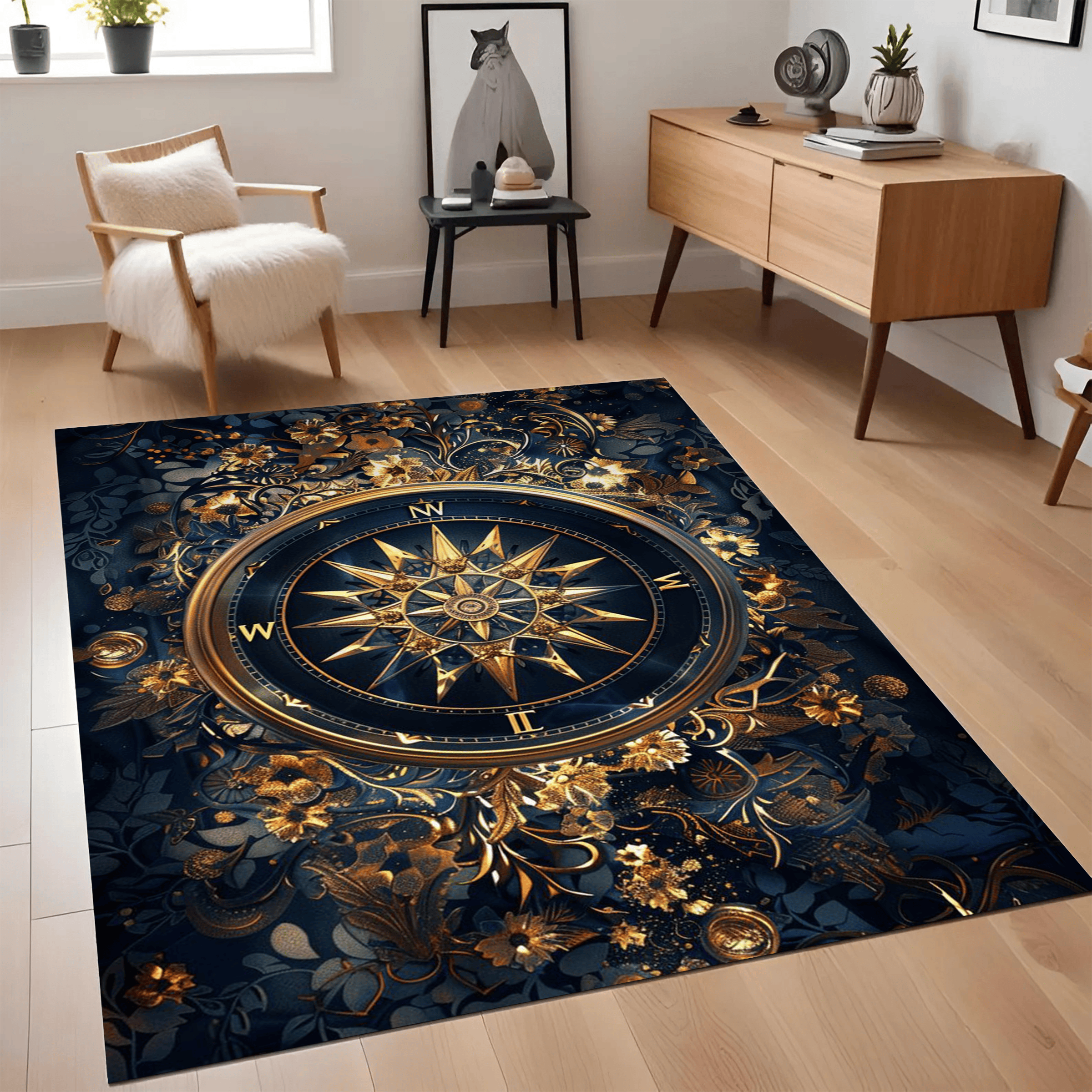 Navy Blue Compass Rose Rug with Gold Floral Ornate Design Navy Blue Compass Rose Rug with Gold Floral Ornate Design Designer Area Rug Cozy Bedroom Living Room Decor - Image 1