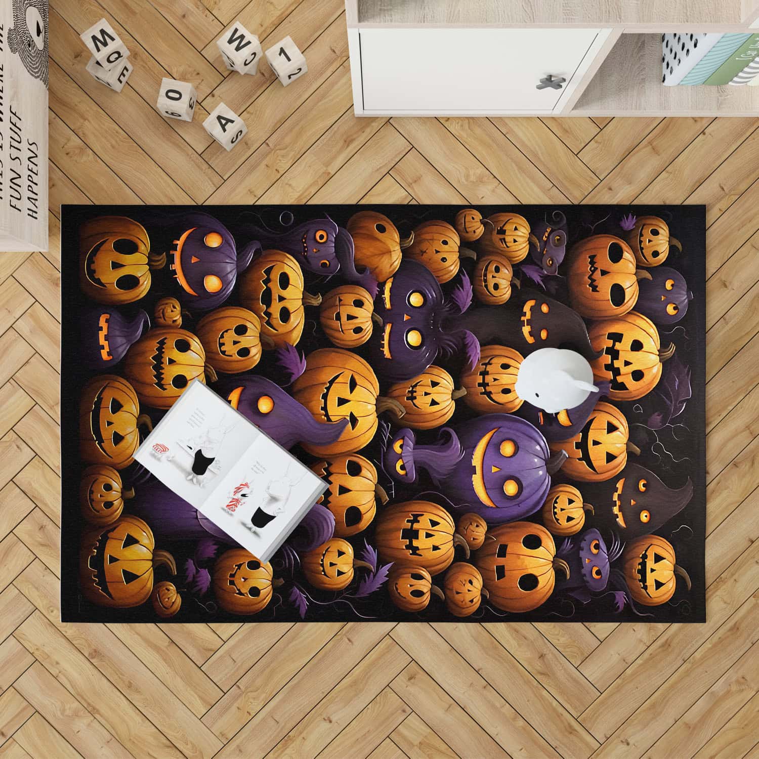 Halloween Pumpkin Pattern Cute Spooky Orange Purple Jack O Lantern Area Rug Washable Area Rug Stylish Living Room Floor Carpet