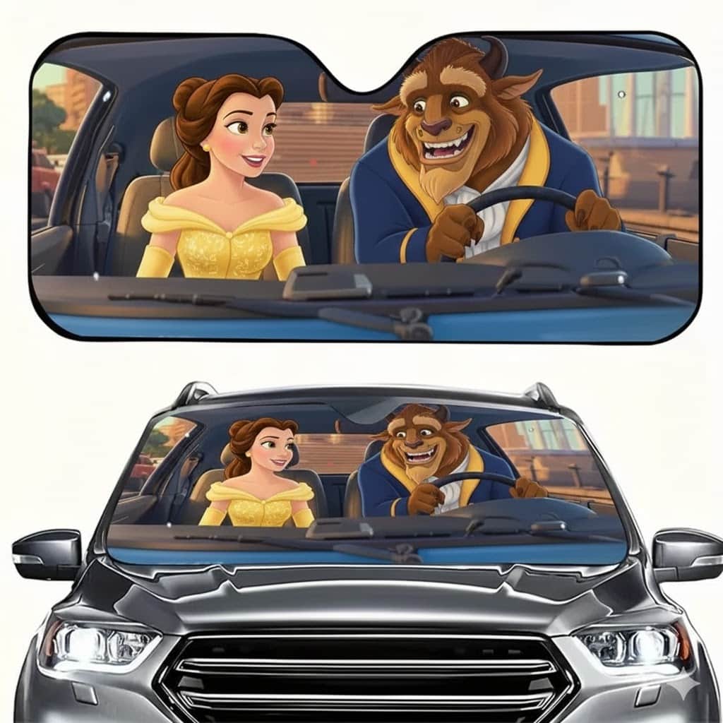 Beauty and the Beast Auto Windshield Sun Shade Reflective UV Block Front Window Cover for Fans