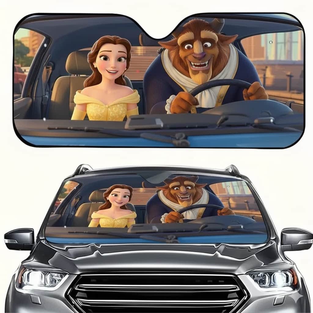 Premium Beauty and the Beast Foldable Car Sunshade UV Heat Shield Windshield Visor for Fans