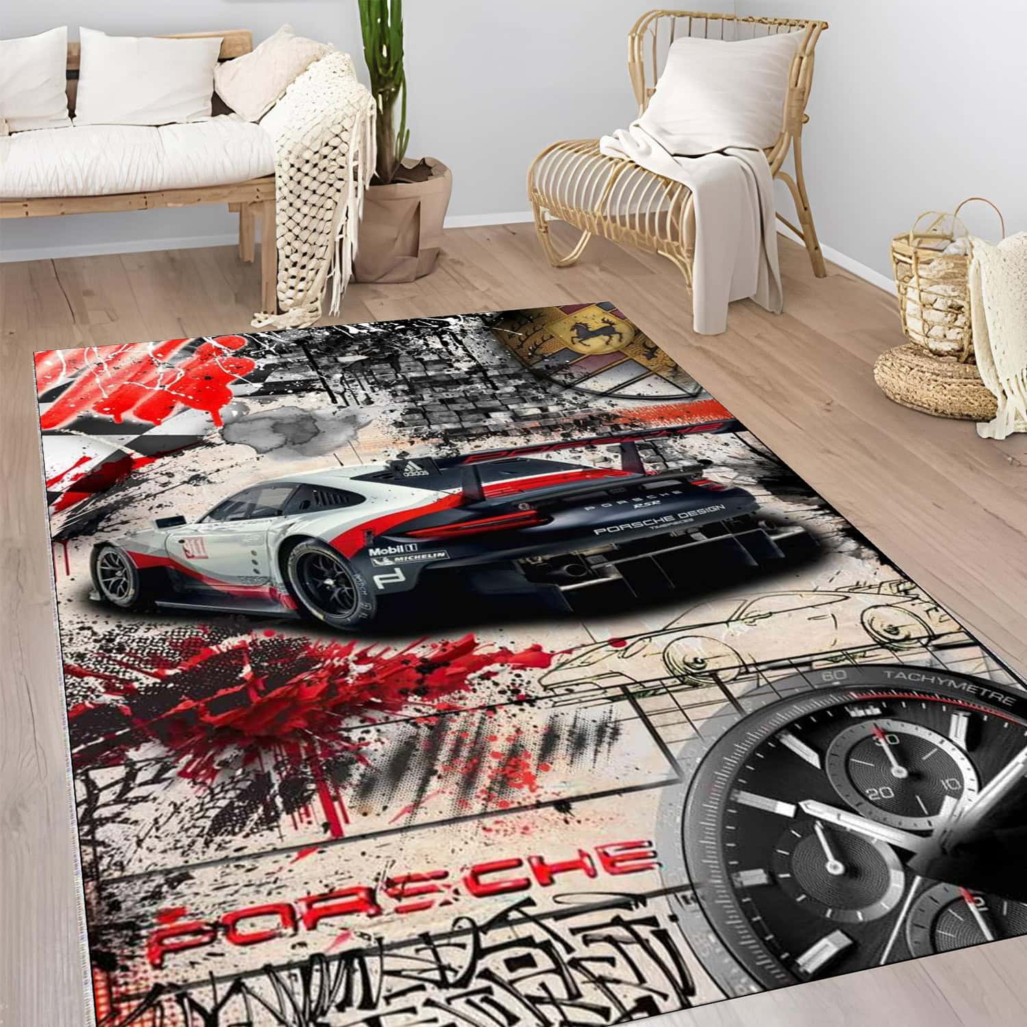 Urban Street Racer Area Rug Avant-Garde Supercar Graffiti Floor Art Luxury Area Rug Soft Floor Carpet for Living Room Bedroom