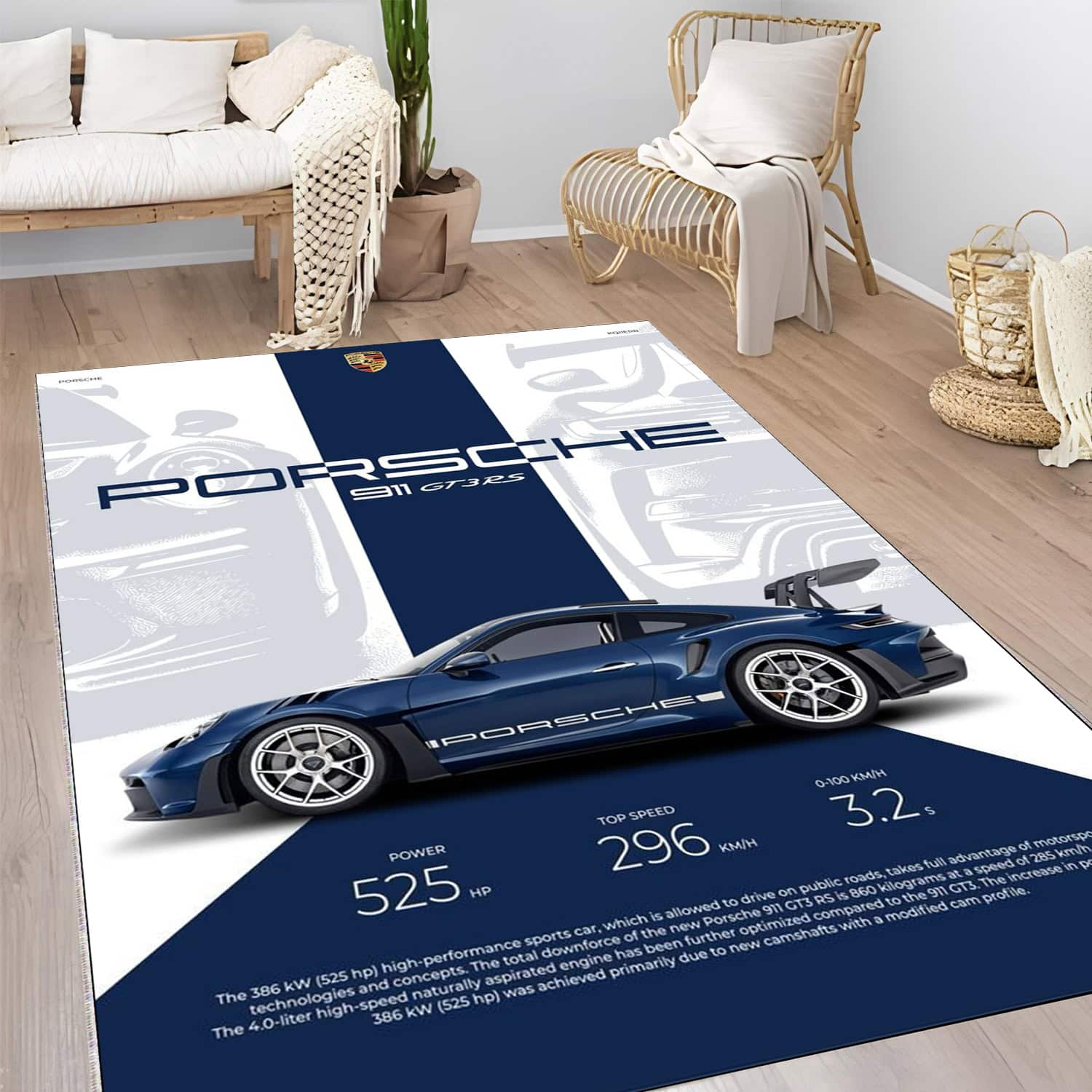 German Precision Supercar Rug Luxury Blue Sportscar Spec Sheet Floor Art Premium Area Rug Non-Slip Living Room Carpet Home Decor Gift