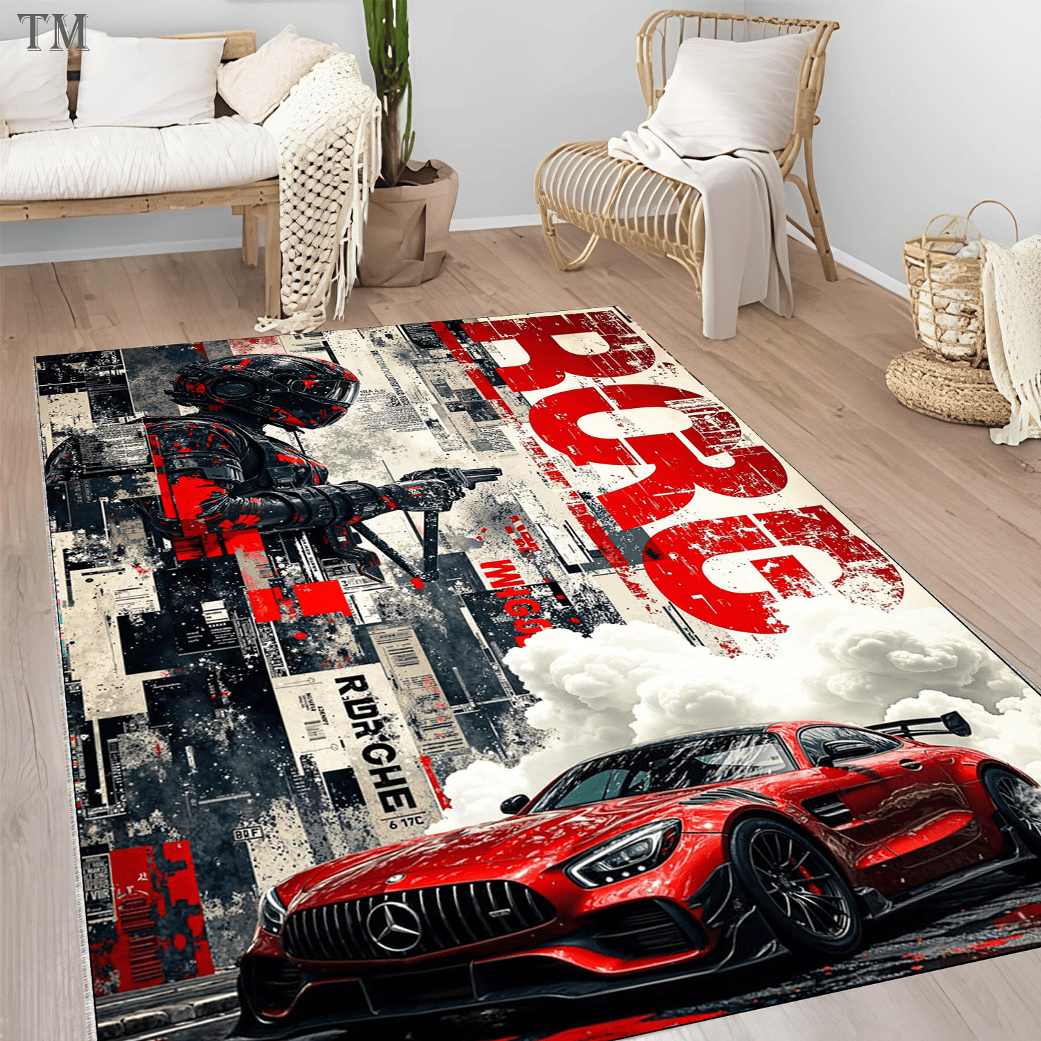 Racing Car Area Rug, Red Sports Car Carpet, Modern Boys Room Decor, Gamer Room Rug, Street Racing Floor Mat, Kids Bedroom Rug, Cool Car Desig Modern Decorative Area Rug Non-Slip Home Accent