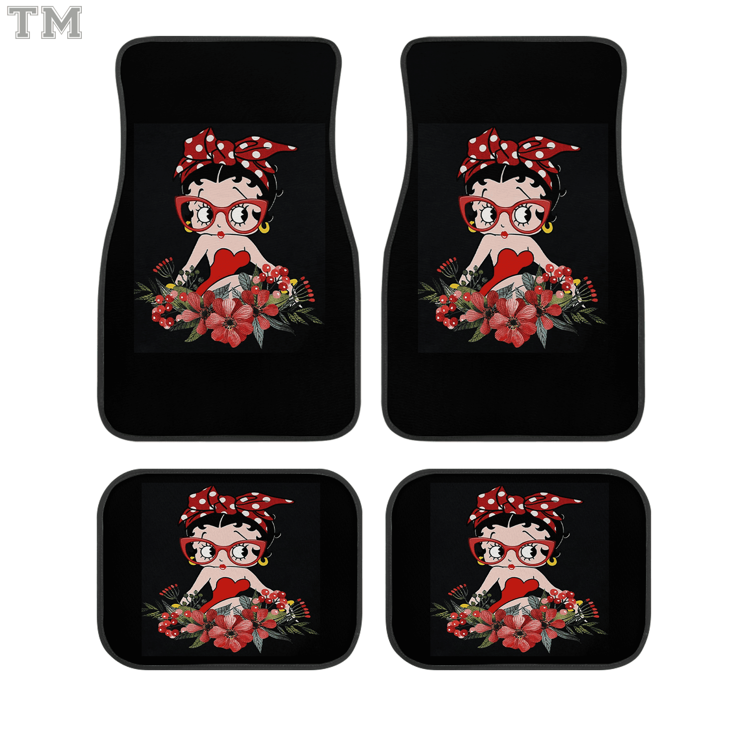 Betty Boop Custom Car Floor Mats 4PCS Universal Fit Front & Rear All-Weather Auto Carpet Set Gift for Cartoon Fans