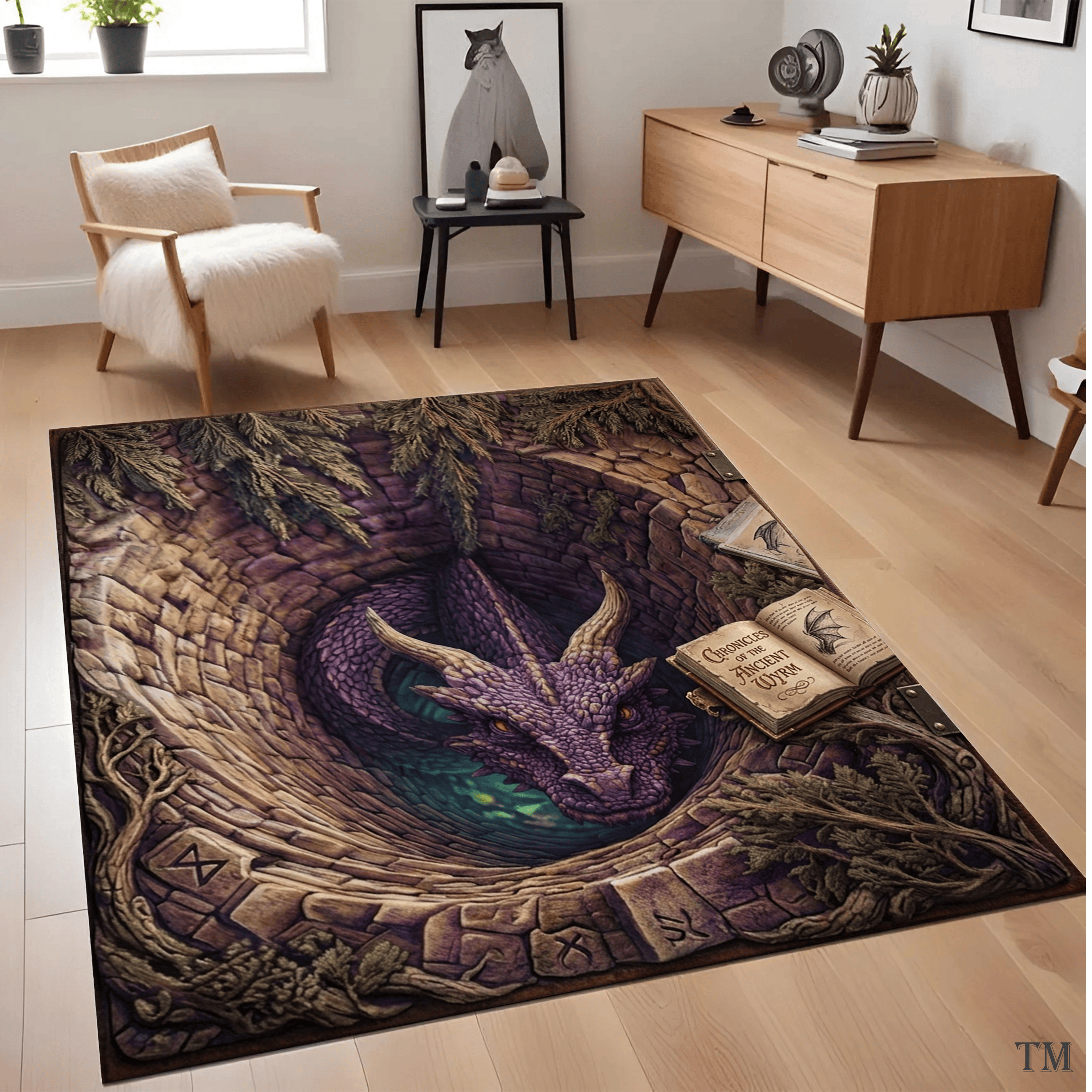 3D Purple Dragon in Stone Well & Ancient Spellbook Rug Fantasy Gothic Area Rug for Living Room Decor 3D Purple Dragon in Stone Well & Ancient Spellbook Rug Fantasy Gothic Area Rug for Living Room Decor - Image 1