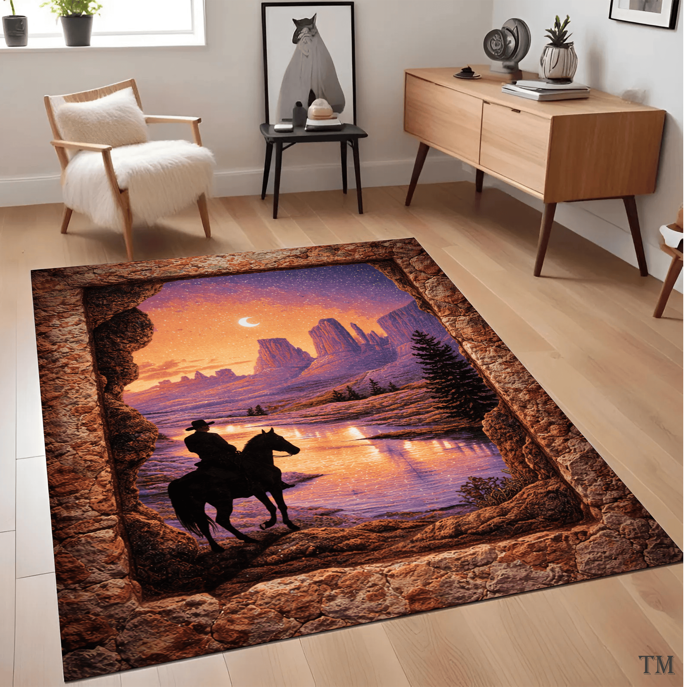 3D Western Cowboy Sunset Landscape Hole Illusion Rug Vintage Country Rustic Area Rug for Living Room Decor