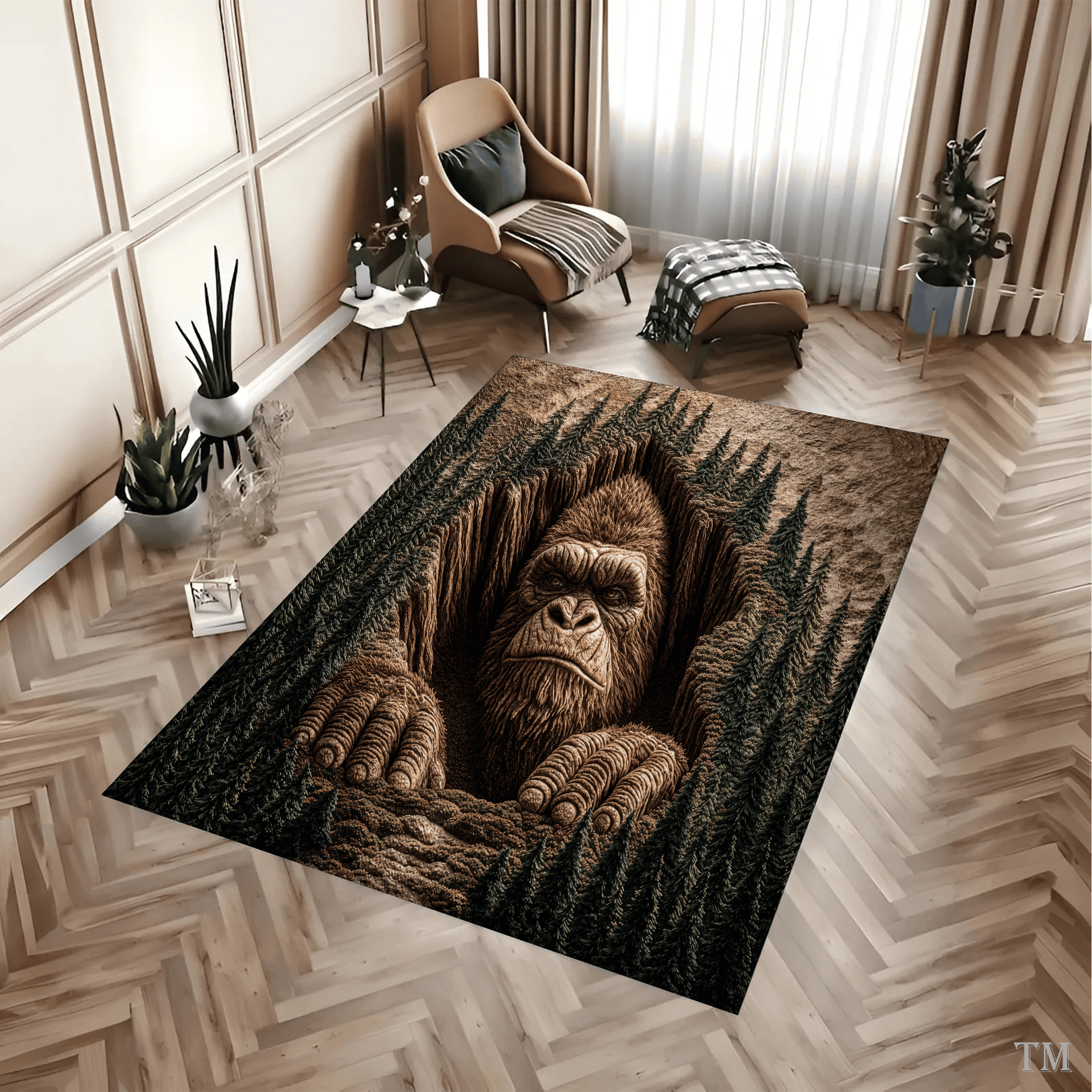 3D Optical Illusion Bigfoot Hole Area Rug Realistic Sasquatch Forest Pit Living Room Carpet