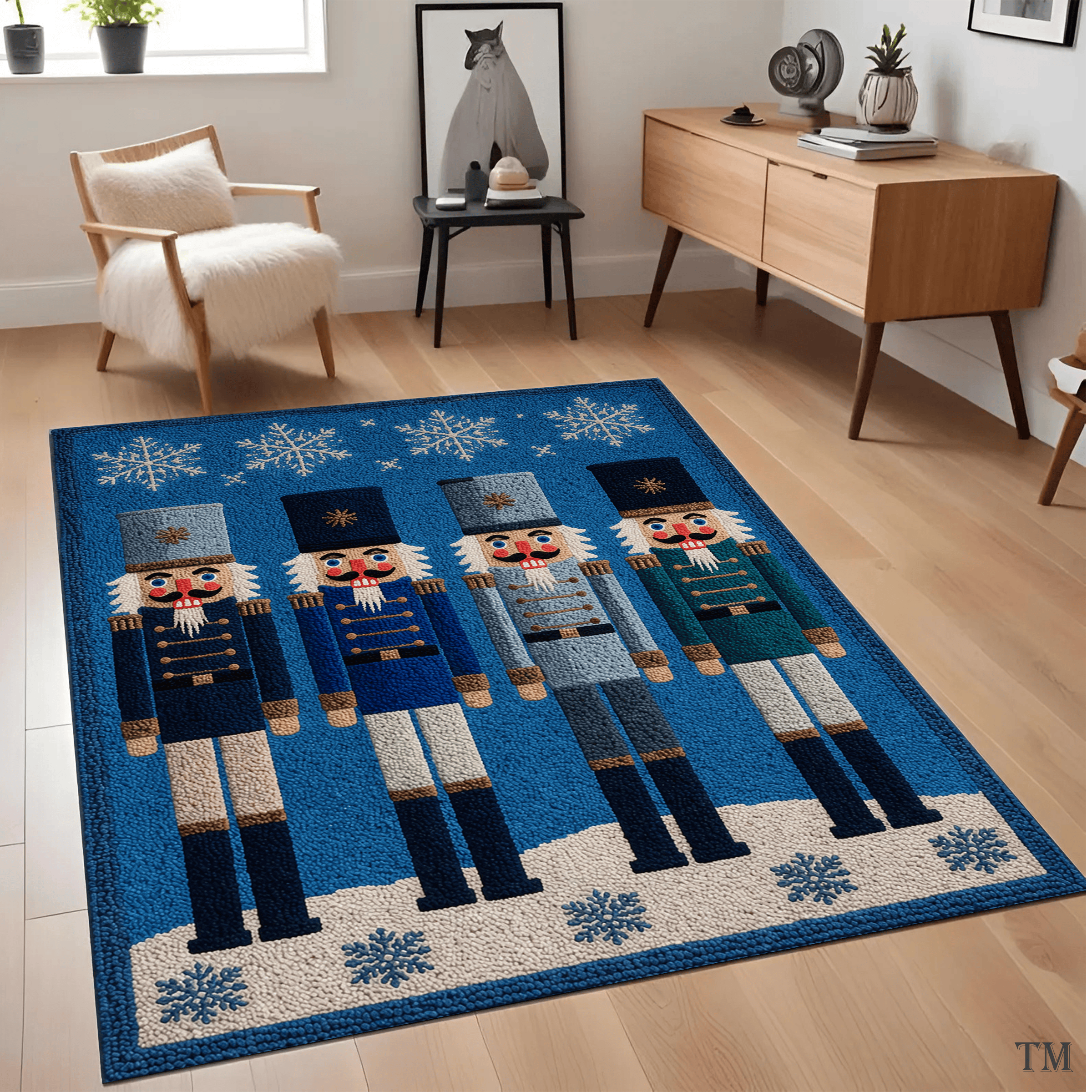 3D Christmas Nutcracker Soldiers Area Rug Vintage Blue Winter Snowflake Living Room Carpet