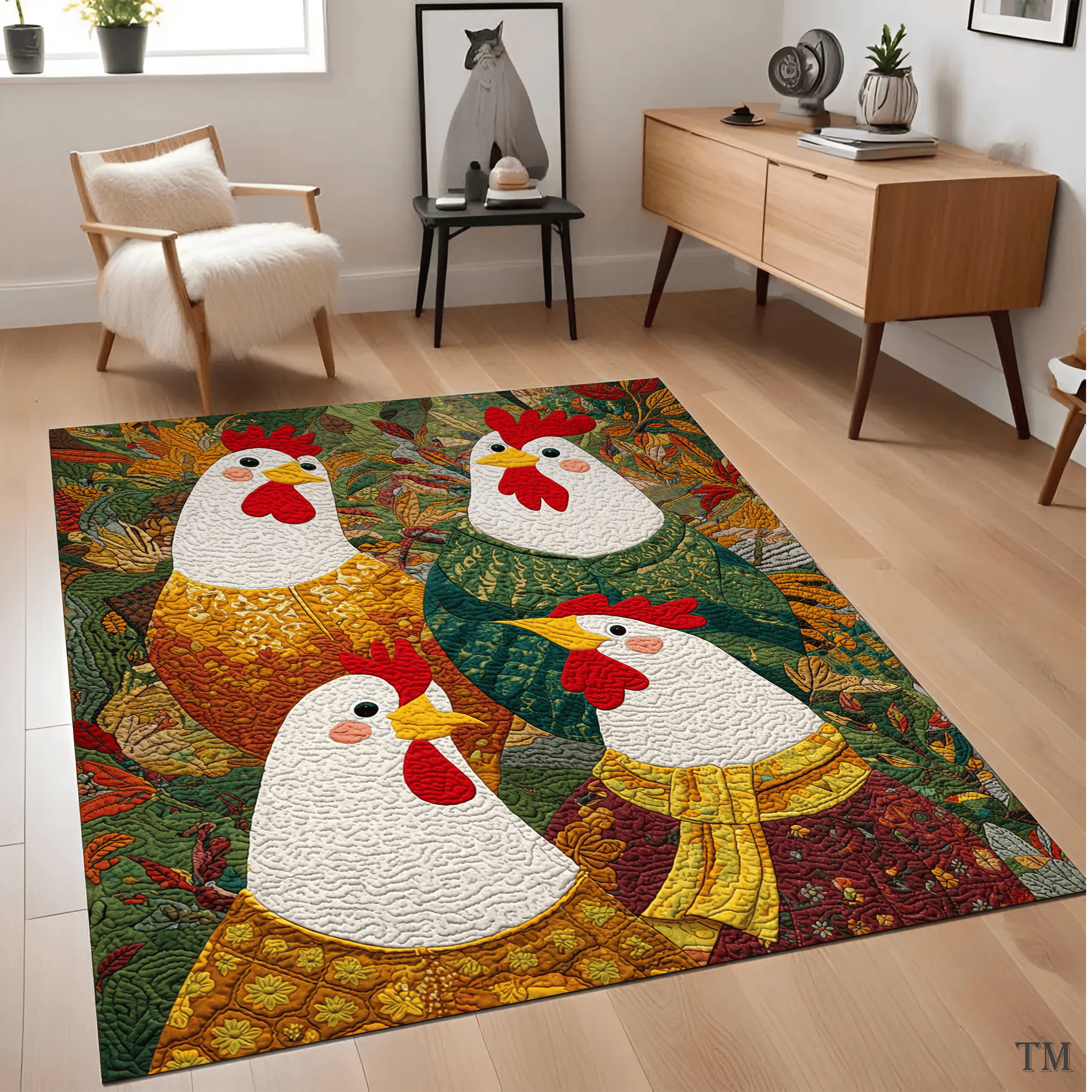 3D Quilted Chicken & Rooster Area Rug Rustic Farmhouse Fall Leaf Living Room Carpet