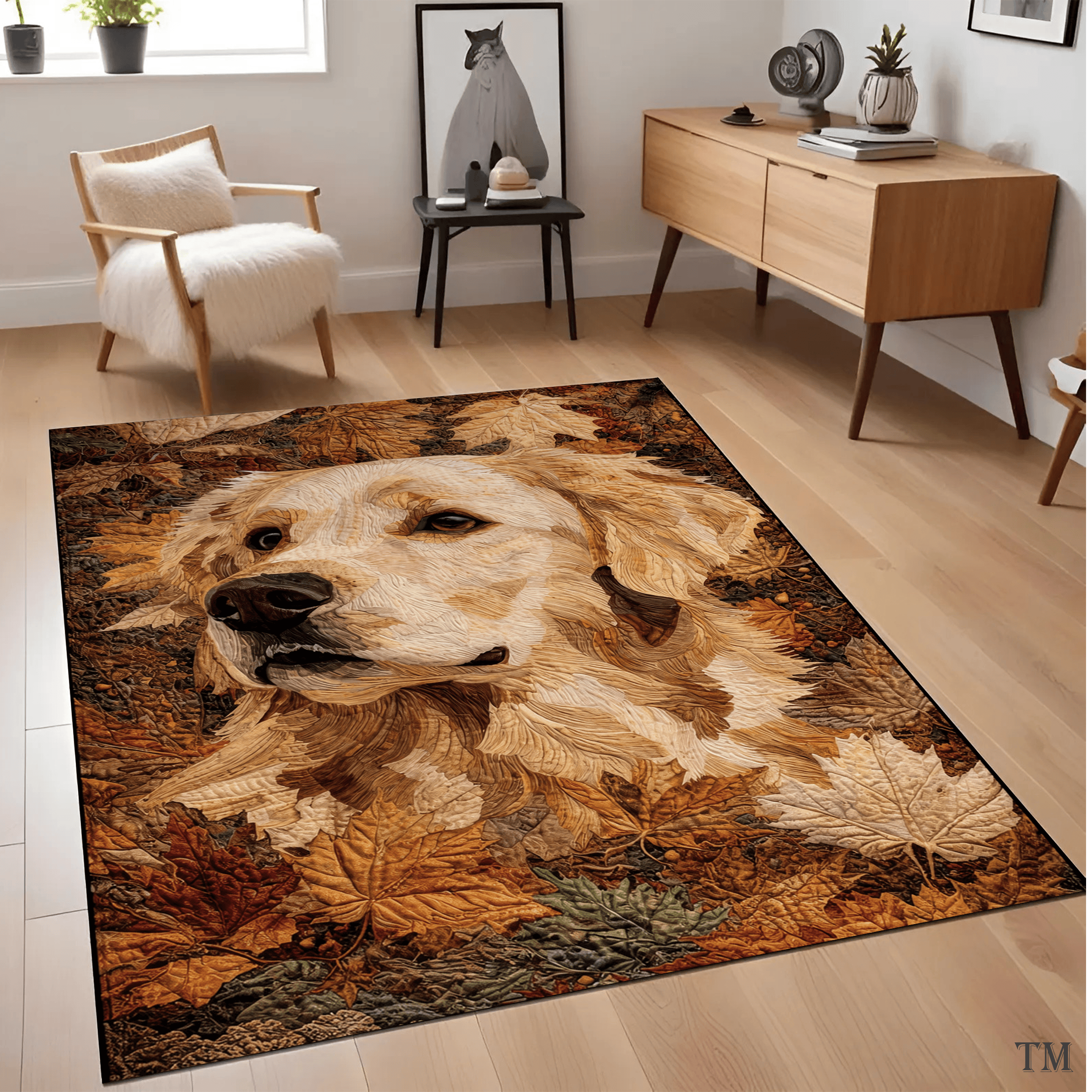3D Quilted Golden Retriever Area Rug Realistic Autumn Maple Leaves Dog Lover Living Room Carpet