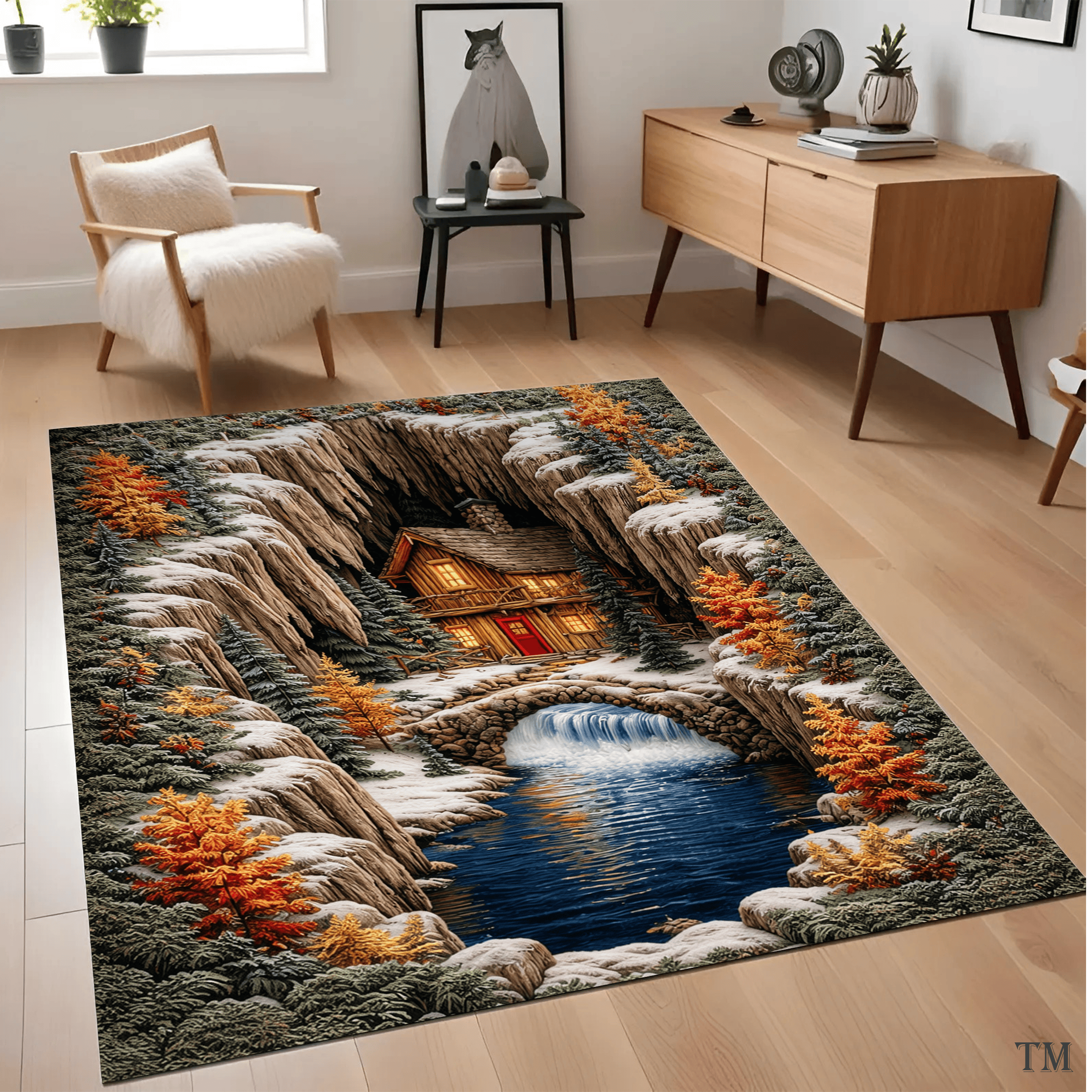 3D Optical Illusion Winter Cabin Hole Area Rug Cozy River Bridge Pit Living Room Carpet