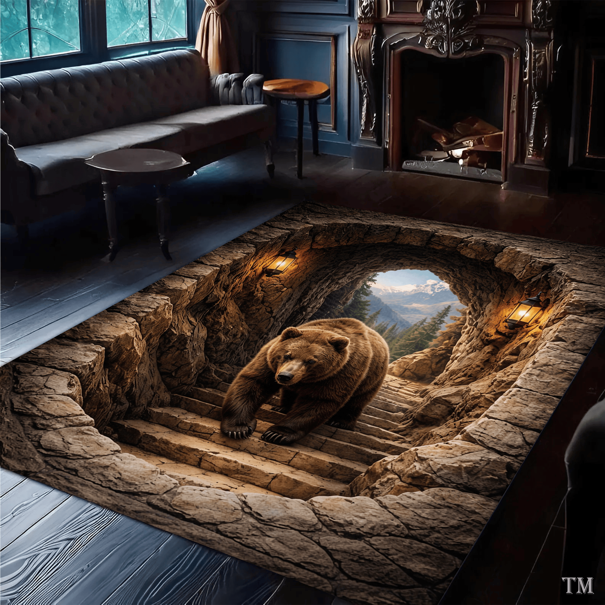 3D Bear Retro Decor Regtangle Rug, 3D Bear In Cave Wonderful Natural Rug Gift