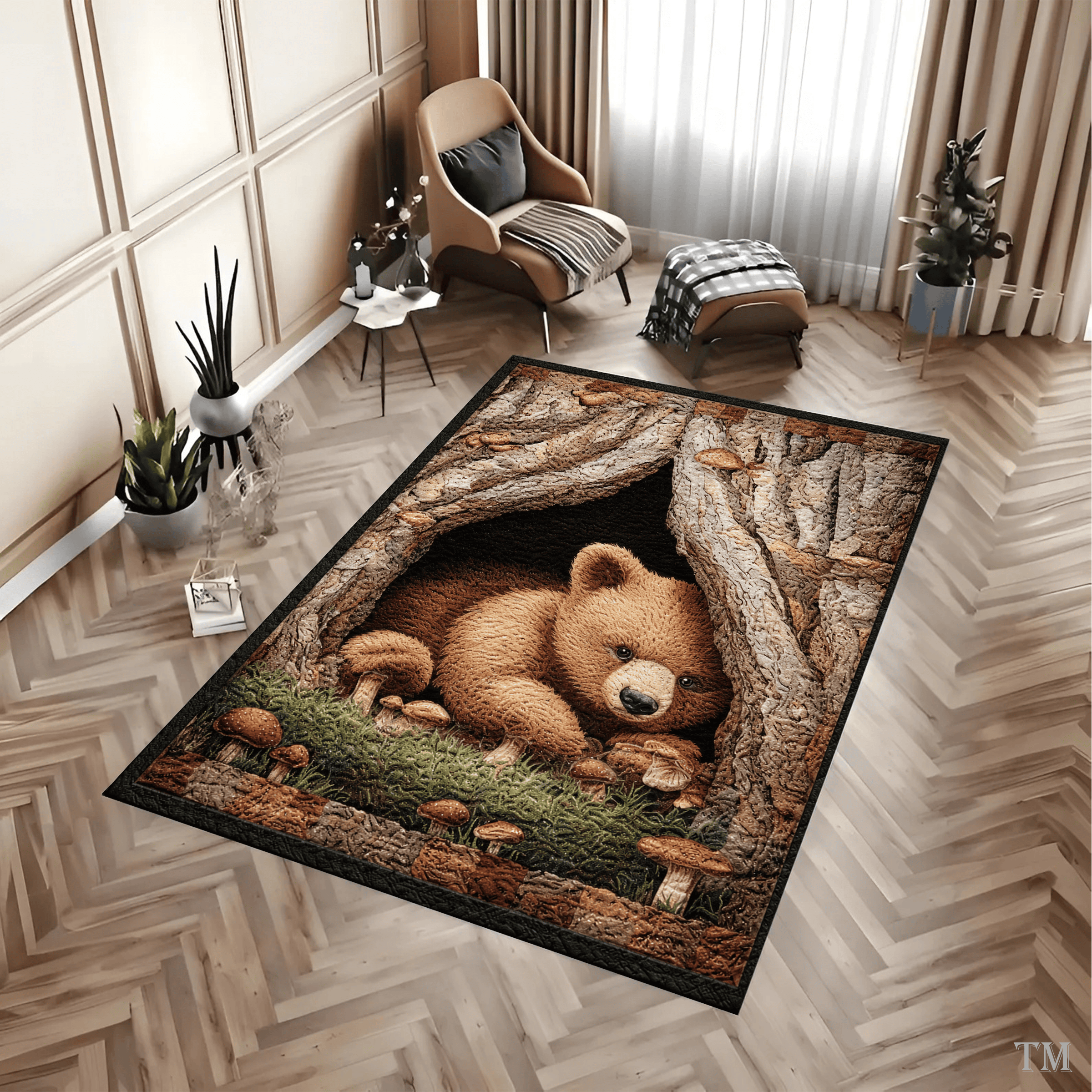 3D Optical Illusion Sleeping Bear Area Rug Tree Hollow Woodland Living Room Carpet 3D Optical Illusion Sleeping Bear Area Rug Tree Hollow Woodland Living Room Carpet - Image 1