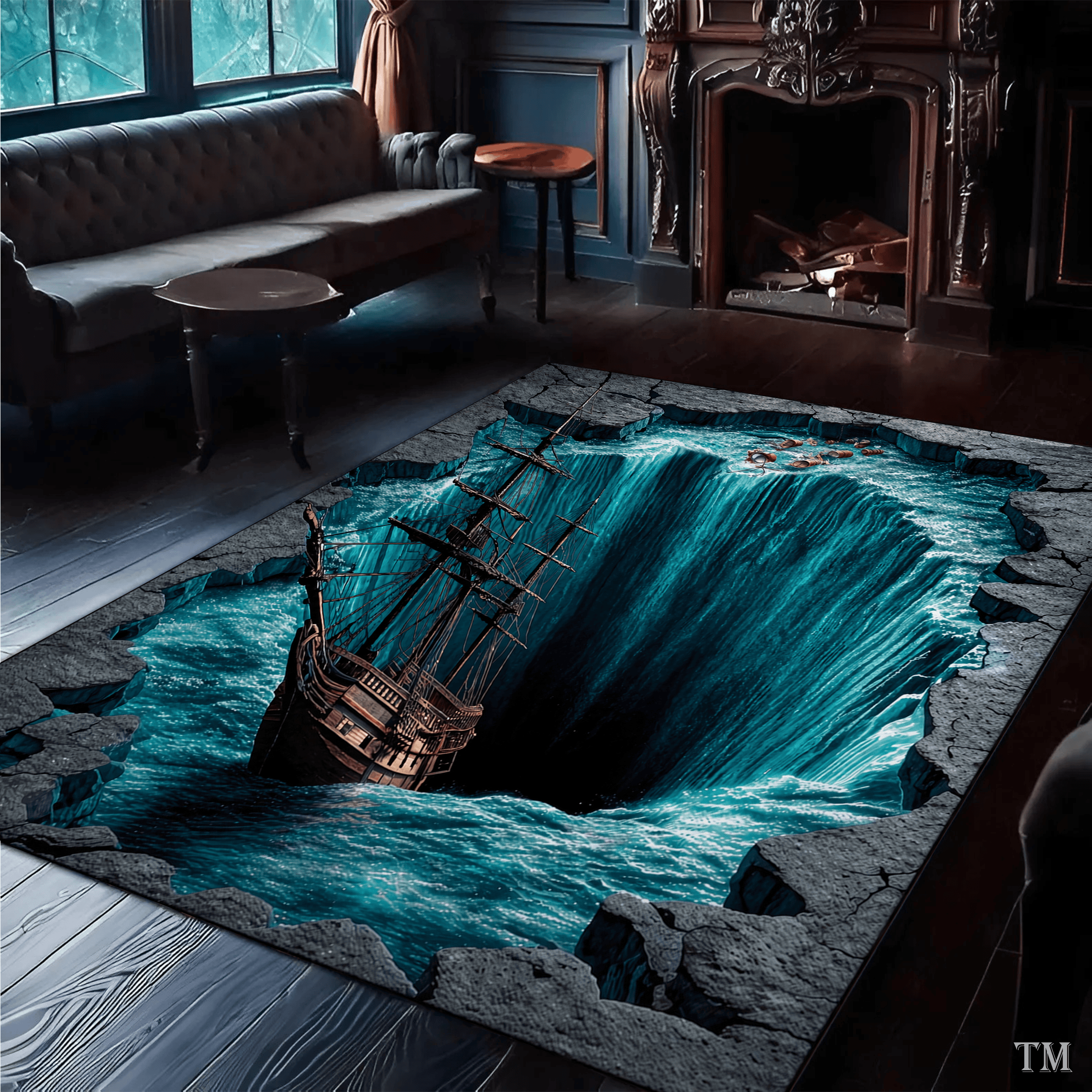 3D Optical Illusion Pirate Ship Area Rug – Ocean Whirlpool & Abyss Living Room Carpet