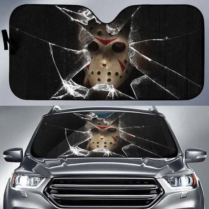 Horror Hockey Mask Shattered Glass Dark Scary Design Foldable Front Windshield Sunshade UV Protection Auto Accessory for Fans