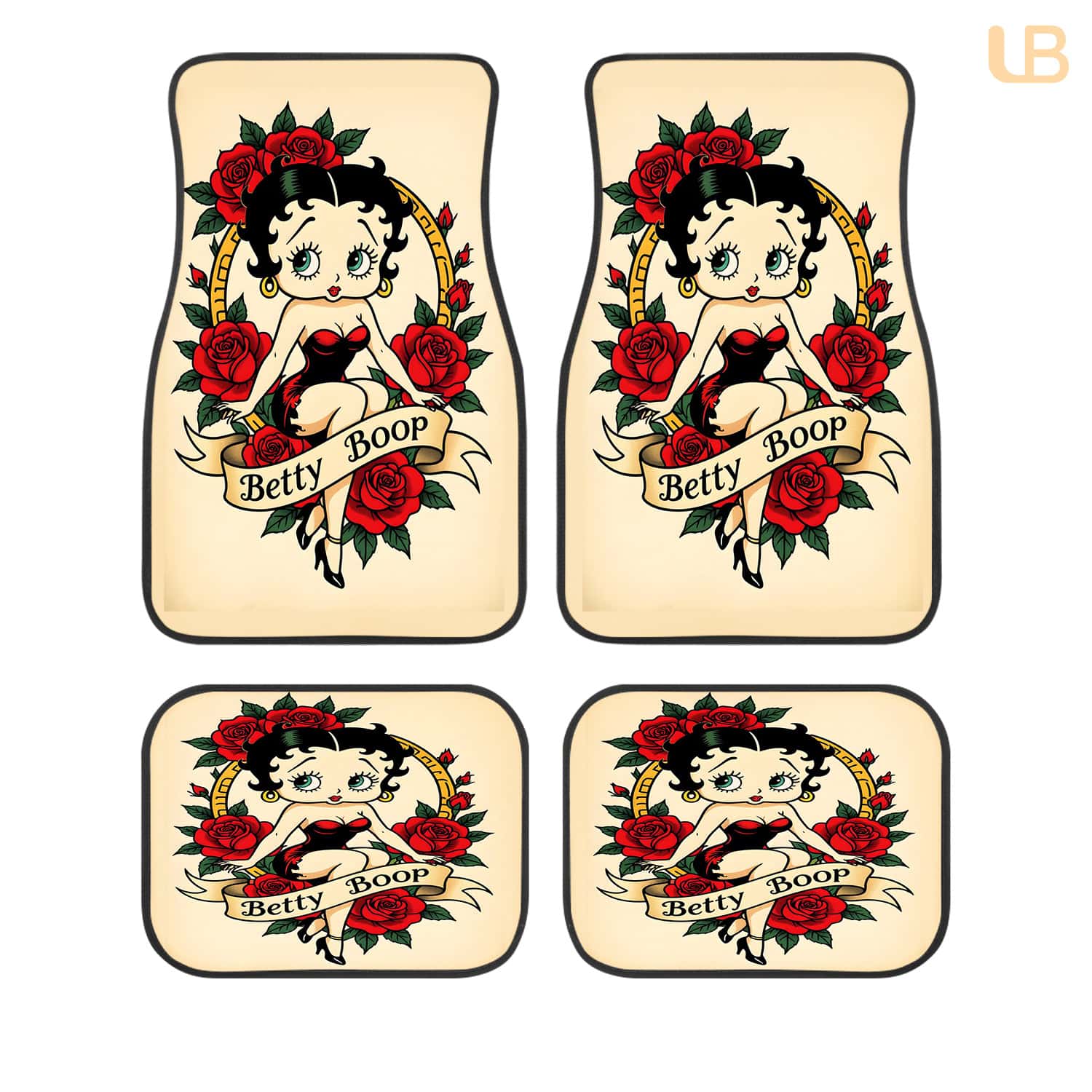 Betty Boop Red Rose Custom Car Floor Mats 4PCS Universal Fit Front & Rear All-Weather Auto Carpet Set Gift for Cartoon Fans