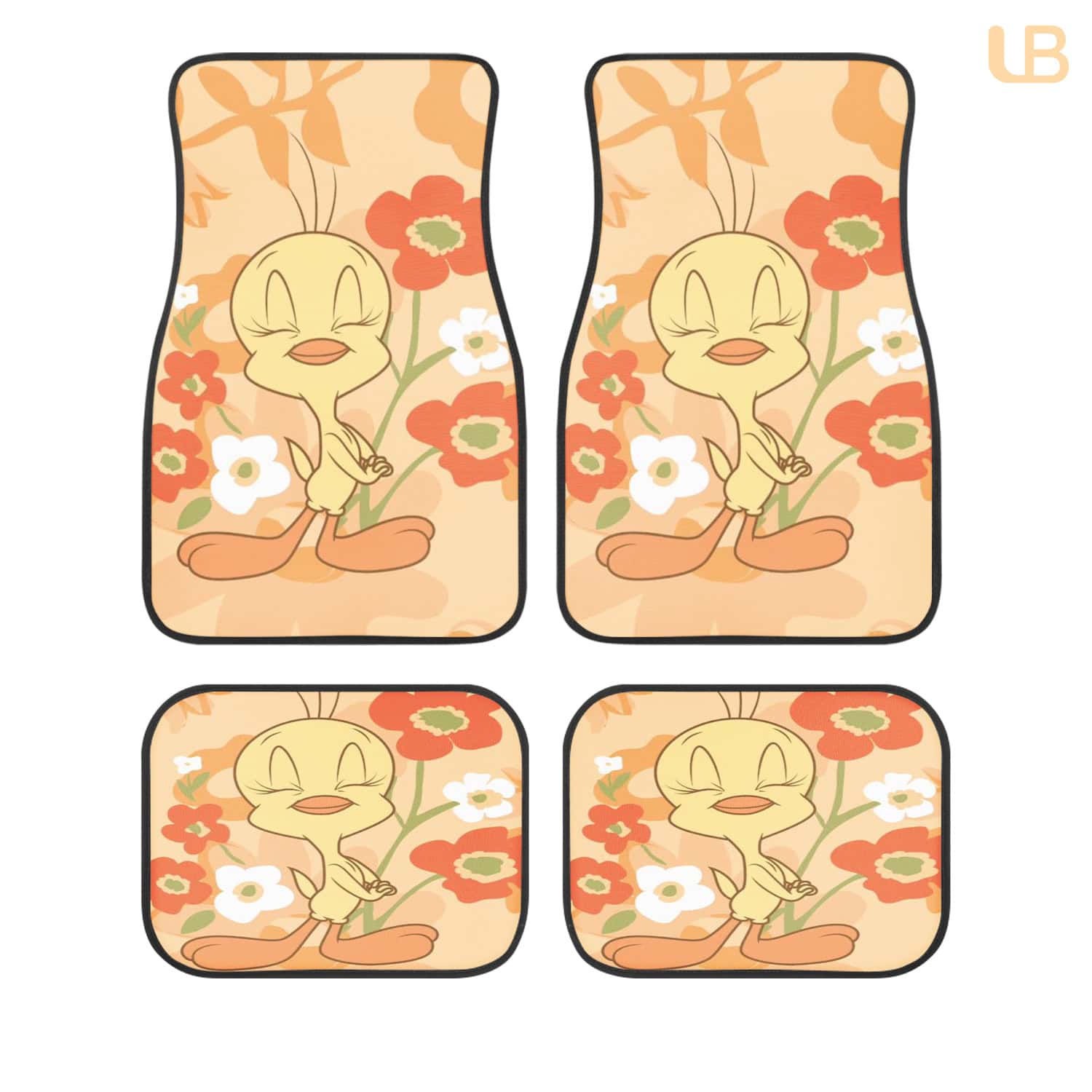 Tweety Bird Retro Orange Floral Garden Custom Car Floor Mats 4PCS Universal Fit Front & Rear All-Weather Auto Carpet Set Gift for Looney Tunes Fans