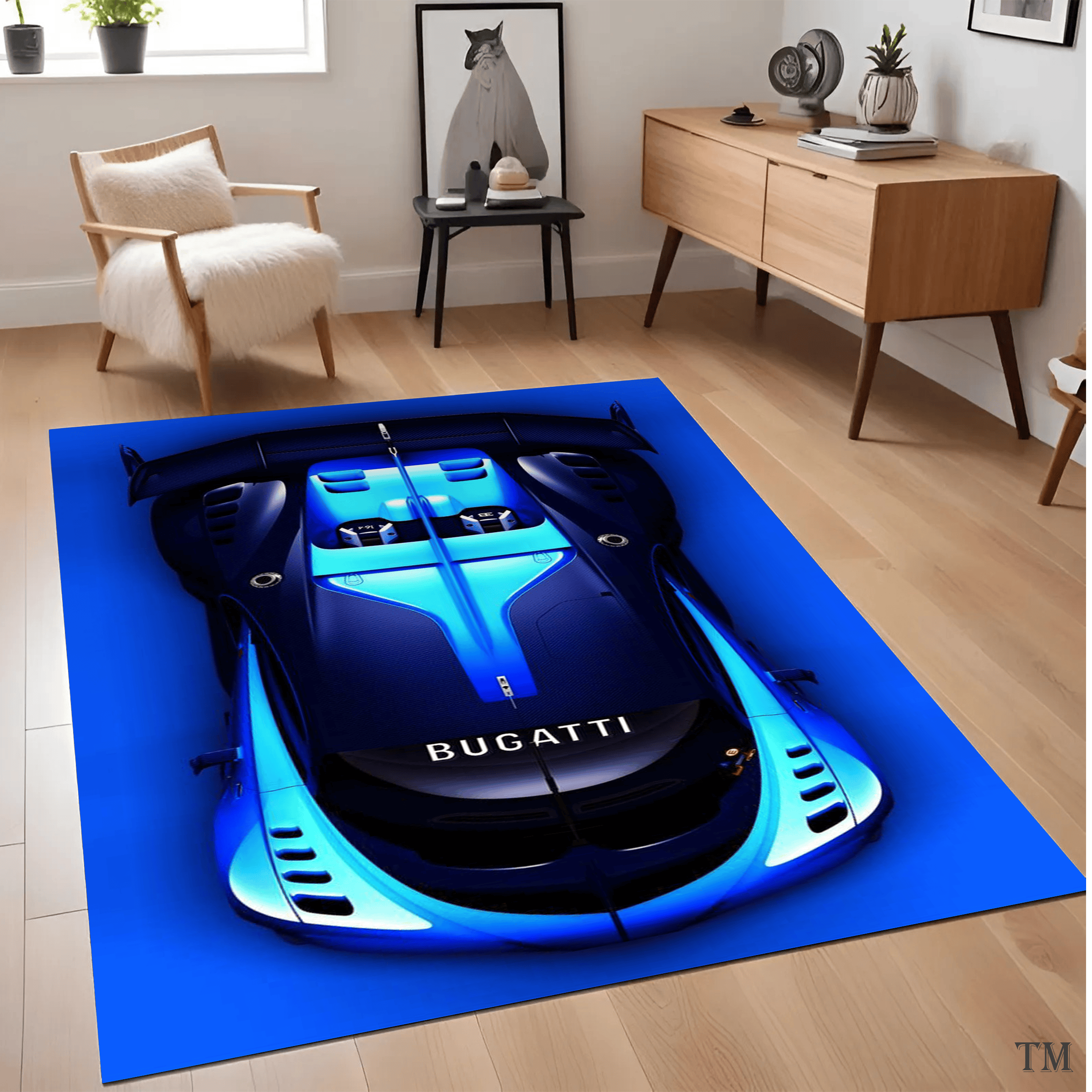 Blue Hypercar Area Rug Top View, Luxury Supercar Floor Carpet, Modern Bugatti Style Man Cave Decor, Large Living Room Rug, Car Fanatic Gift Vintage Area Rug Cozy Living Room Carpet